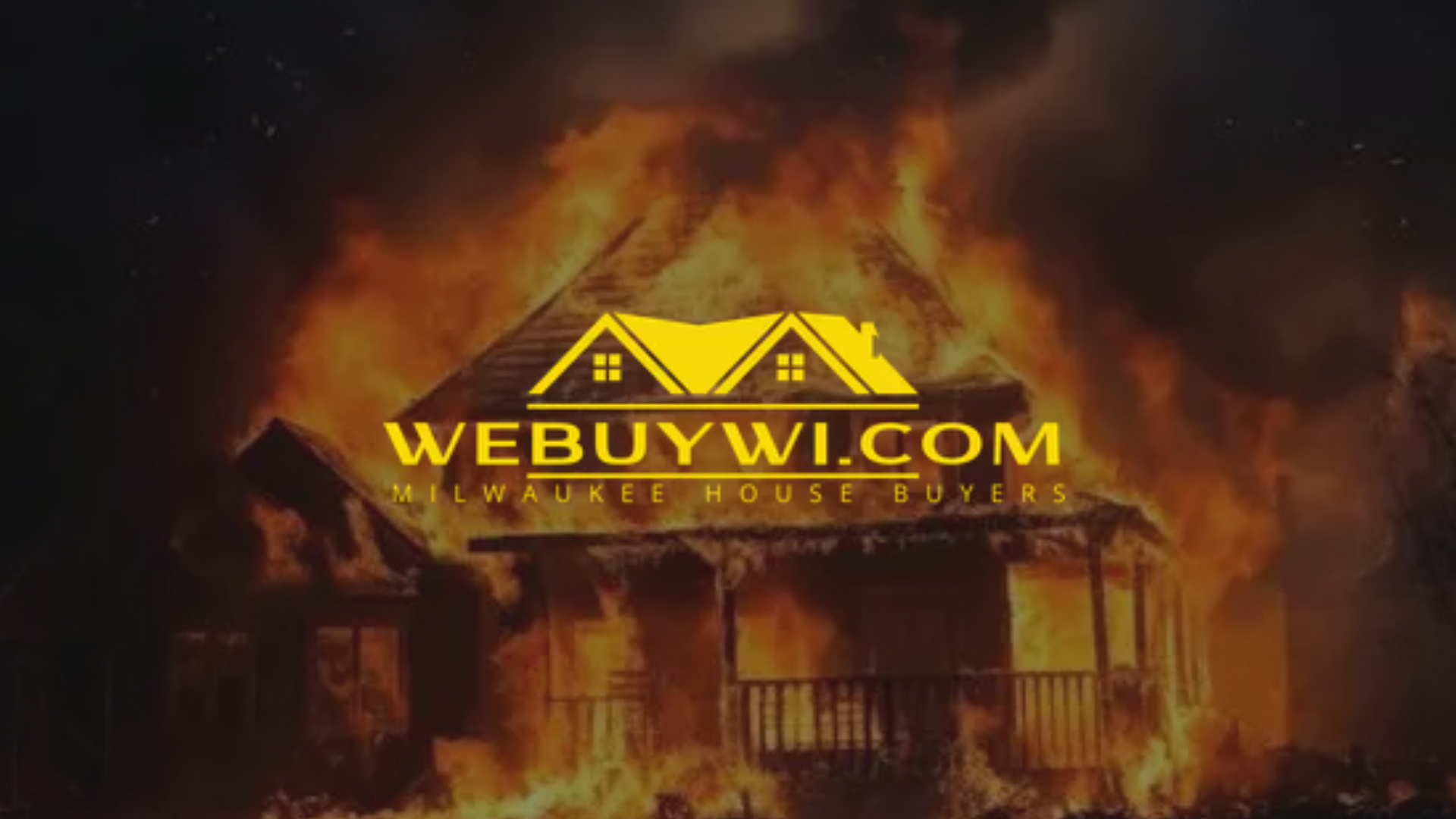 House engulfed in flames, WeBuyWI.com logo overlaid.