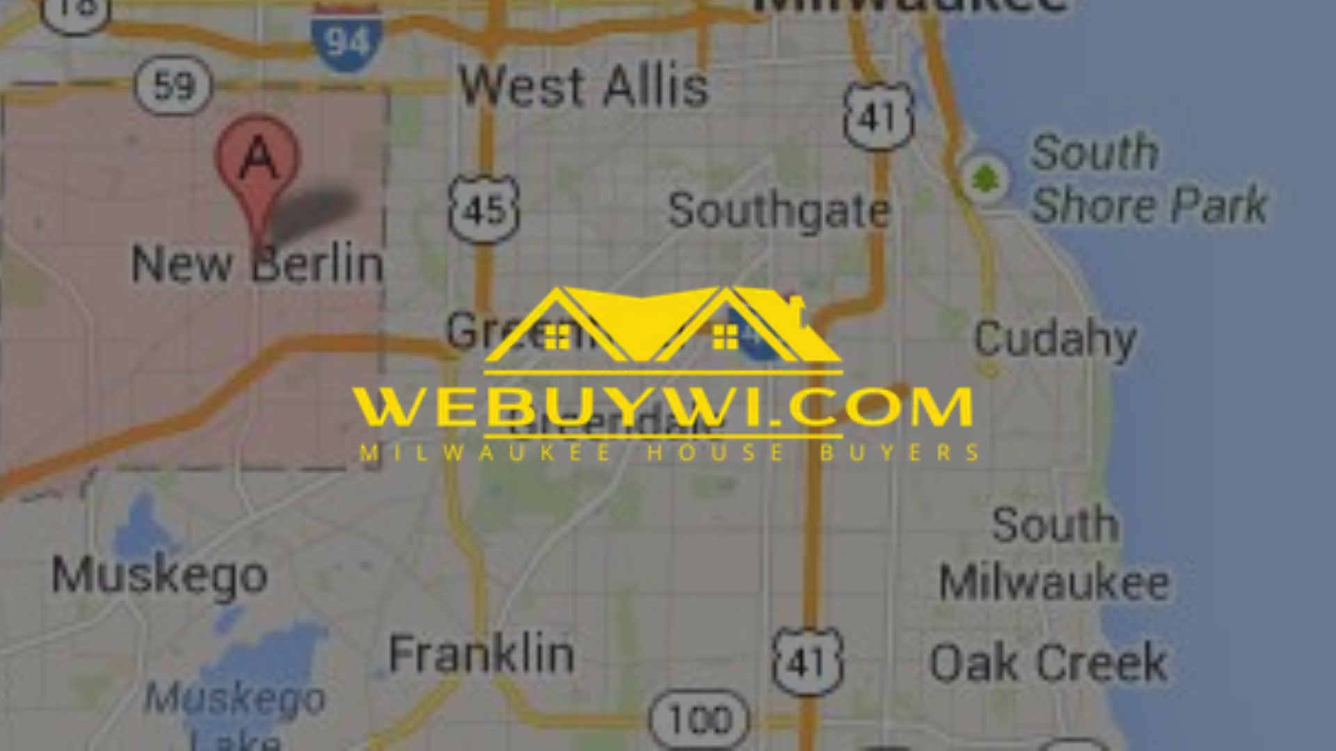 Map of New Berlin, Wisconsin with WEBUYWI.COM logo overlay.