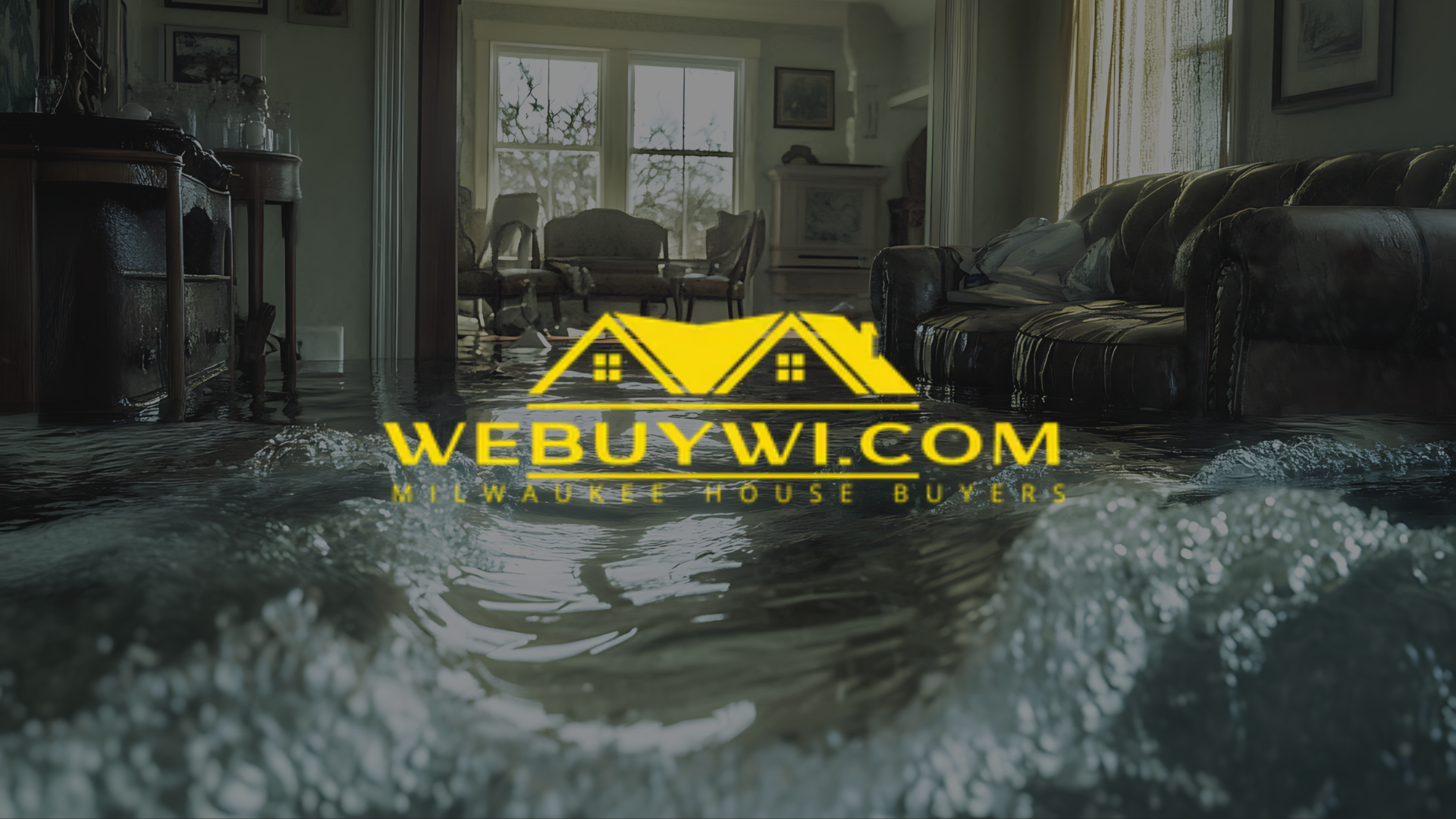 Flooded living room with a company logo: WEBUYWI.COM, a Wisconsin house buyer.