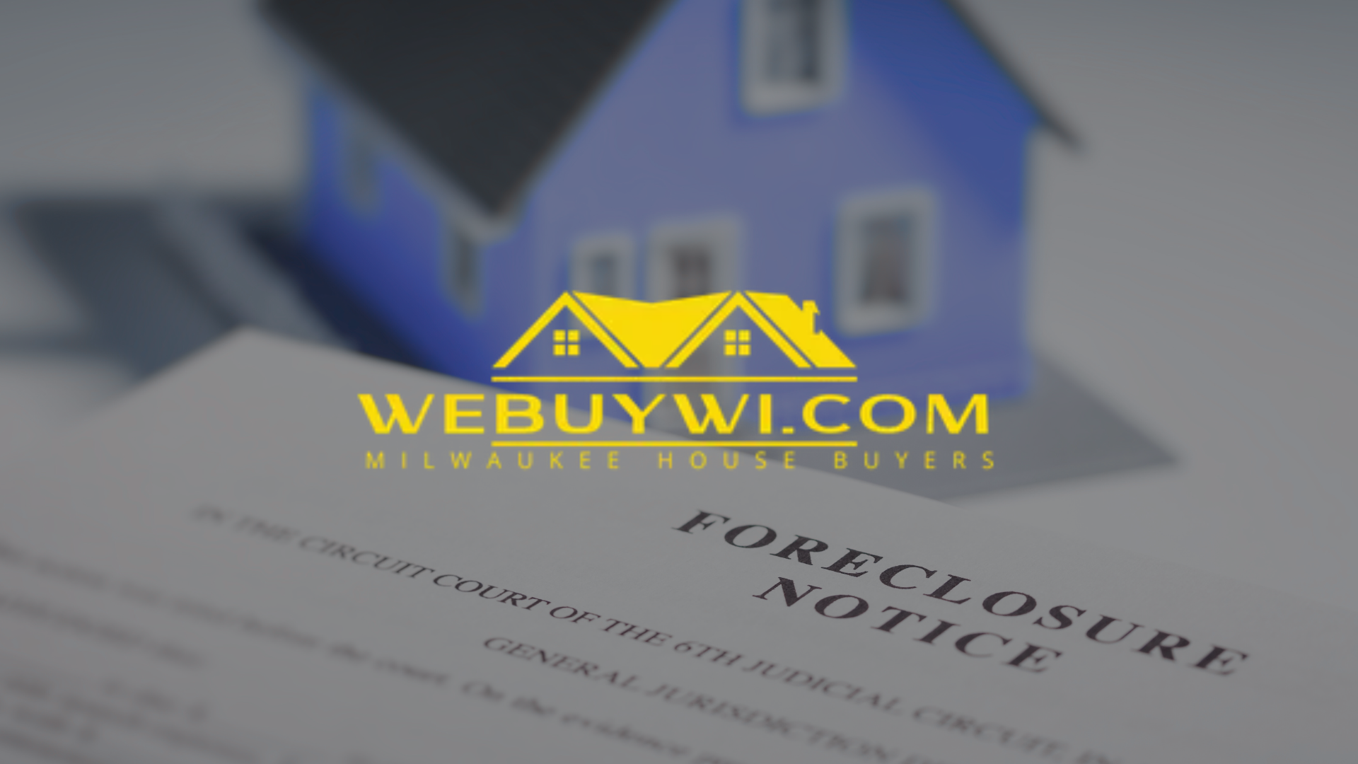 Foreclosure notice with a blurred blue house background and a logo that reads
