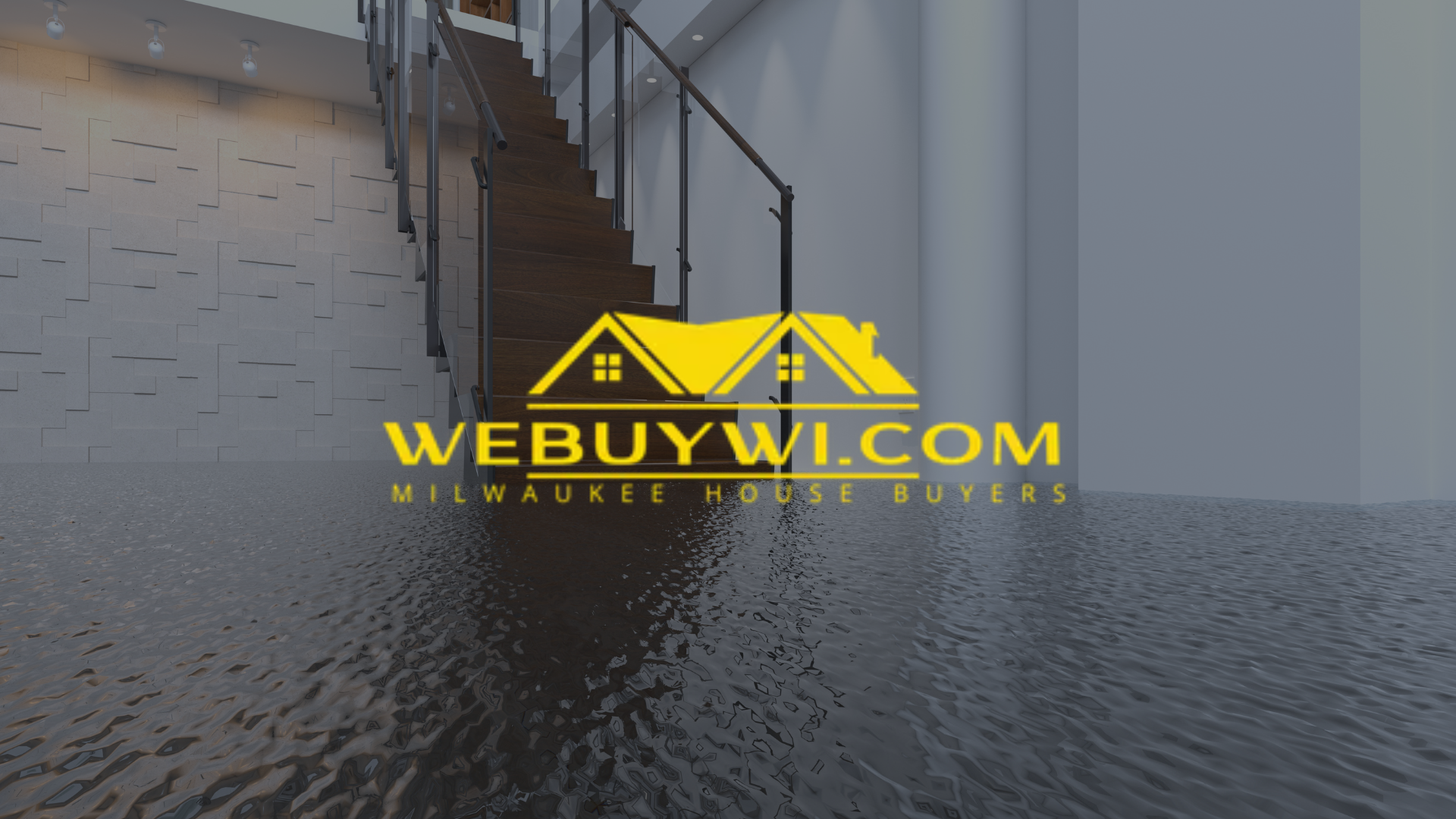 Water-damaged interior with stairs, a flooded floor, and the WeBuyWI.com logo overlaid.