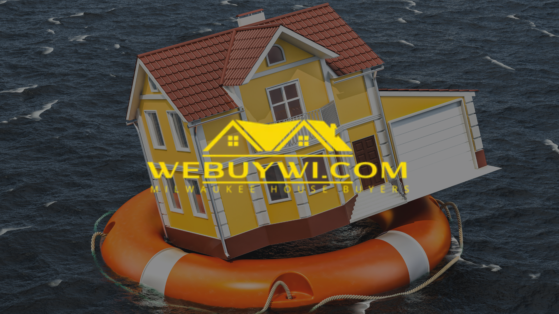 Yellow house on a life preserver in water, with