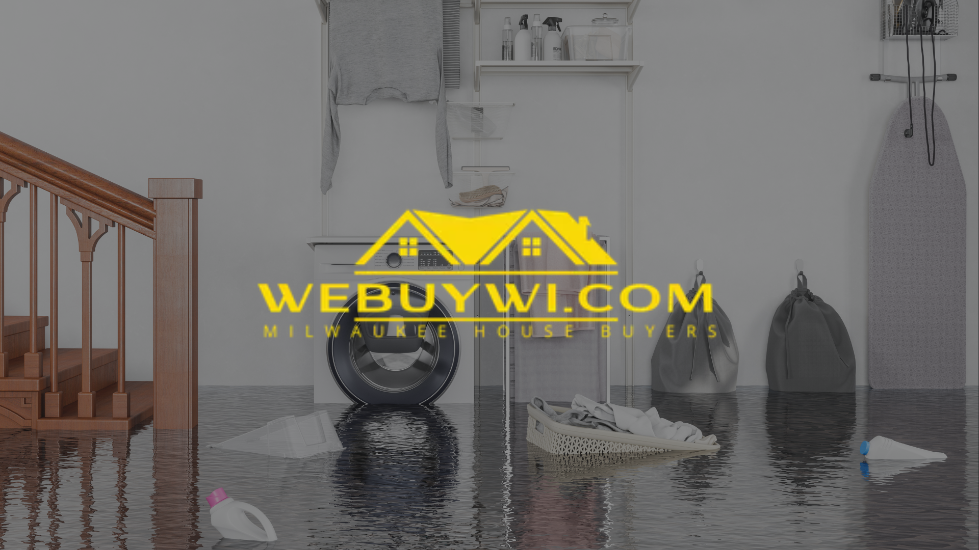 Water-damaged garage with yellow WeBuyWI logo. Flooding damages furniture, objects, and items in a potential Milwaukee home.