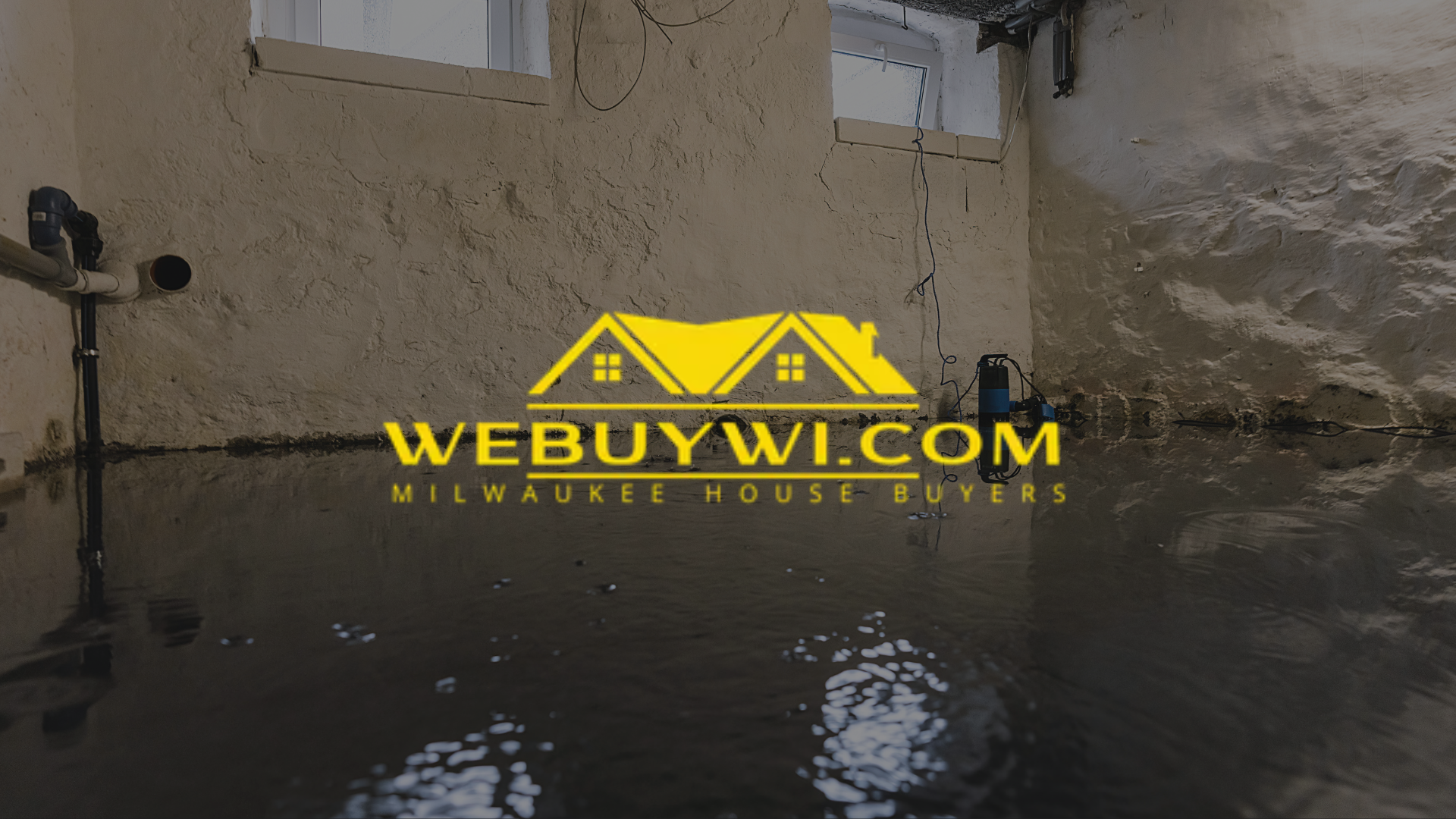A flooded basement with the website webuywi.com in the corner symbolizing water damage in oak creek wi with webuywi.com logo on top
