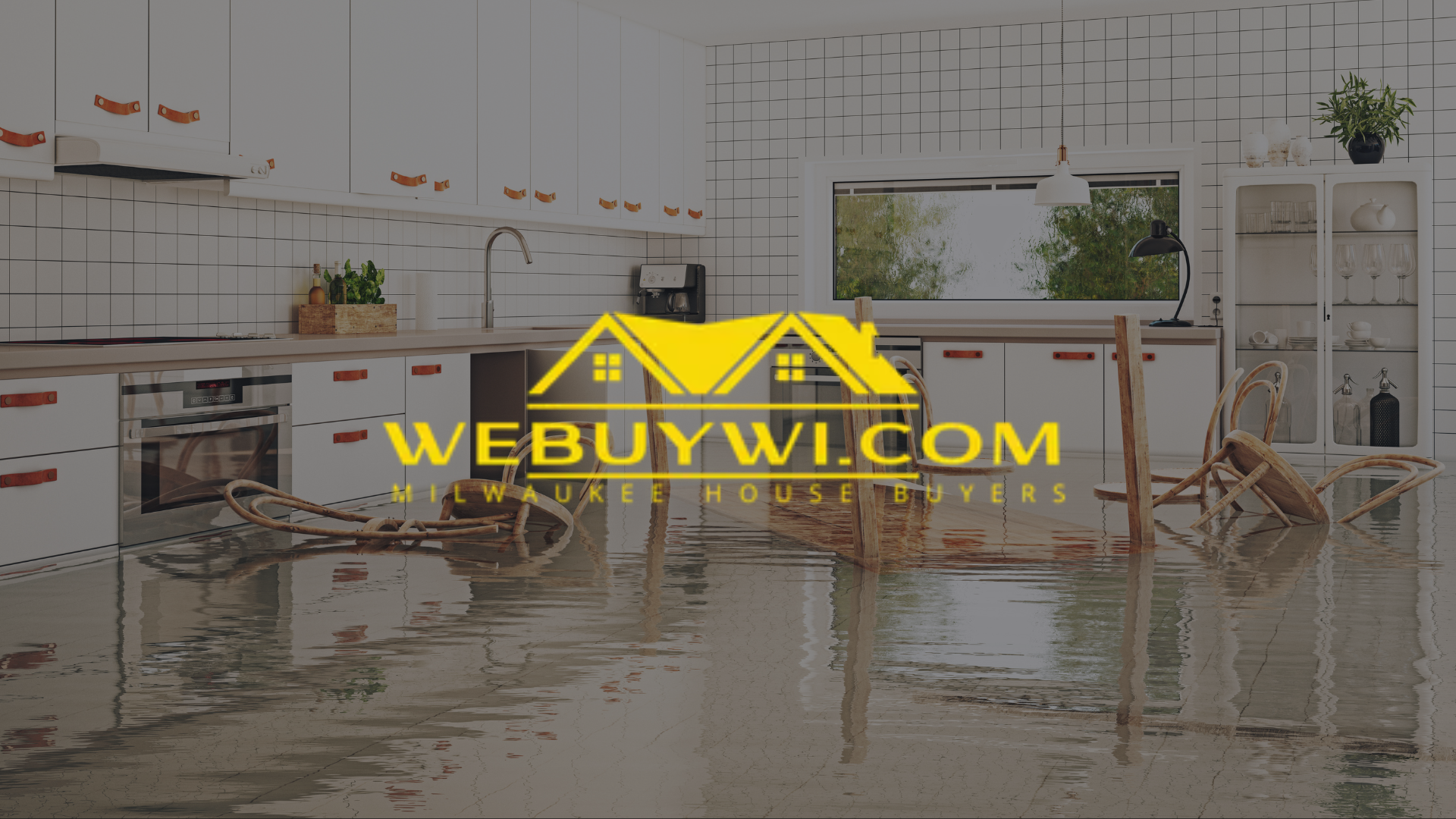 Flooded kitchen with the WeBuyWI logo. Cabinets, appliances, and furniture submerged in water.