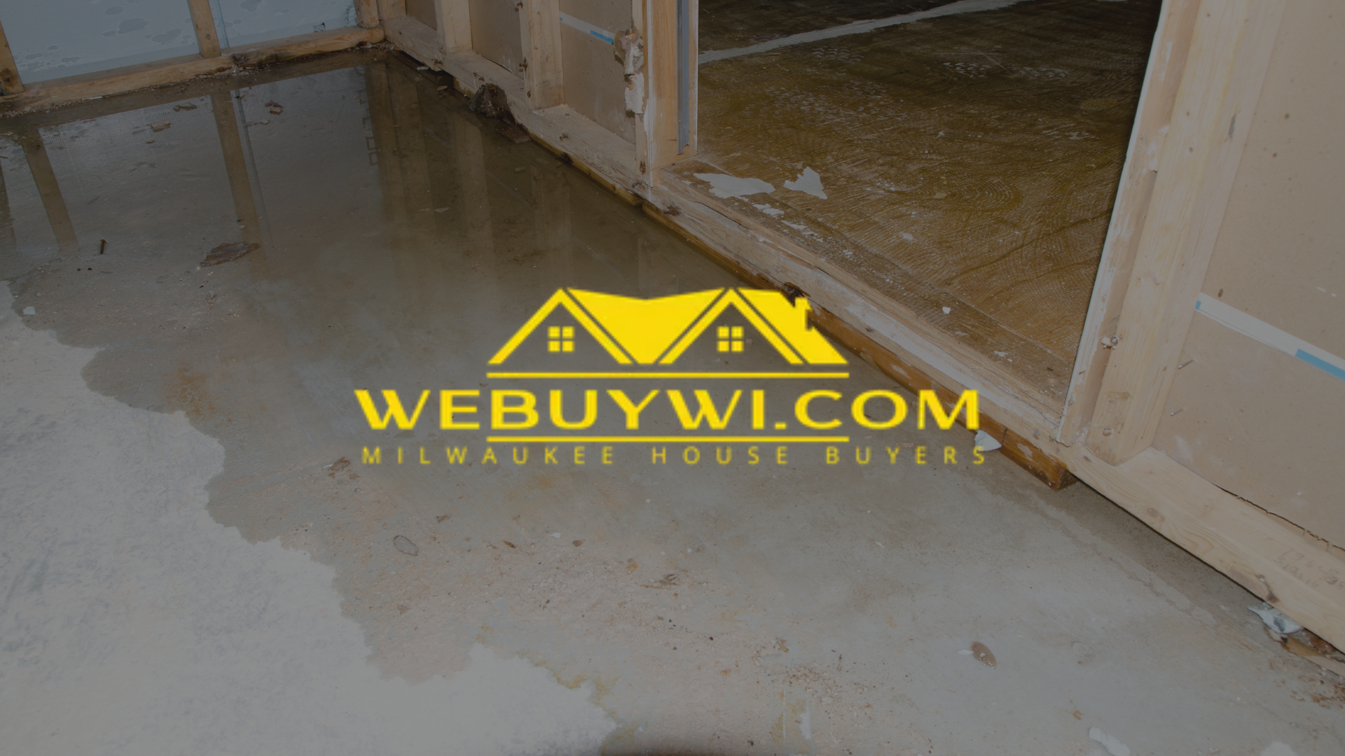 A picture of a flooded basement with the website webuywi.com on the bottom symbolizing water damage