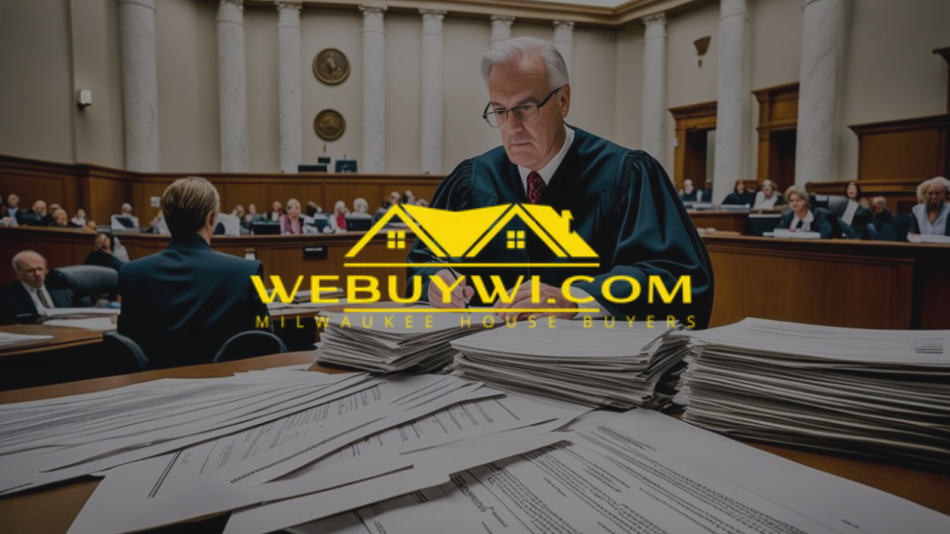 Judge in courtroom with documents, logo WEBUYWI.COM.