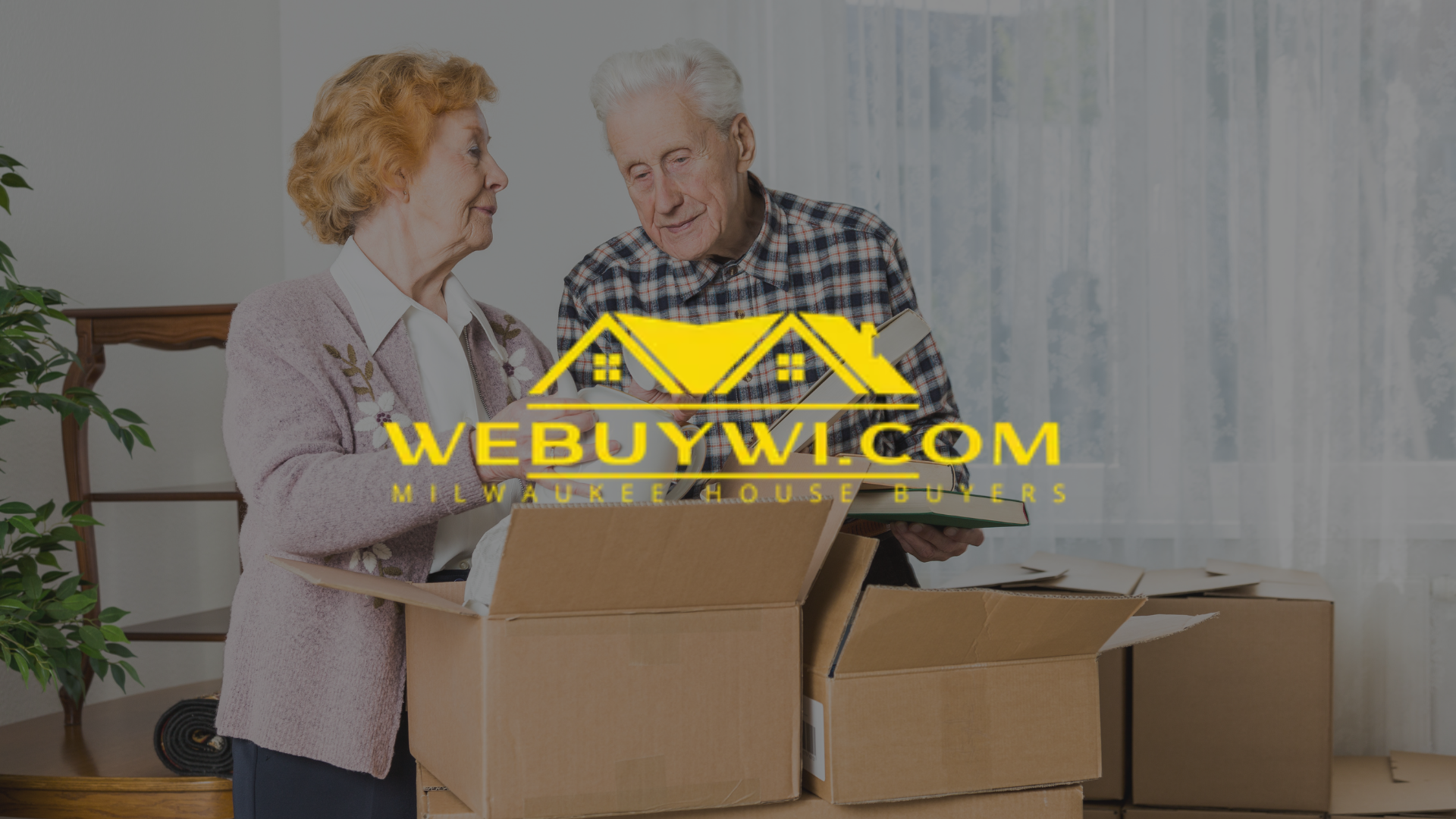 An elderly couple packing boxes in a home, with a website logo overlaid.