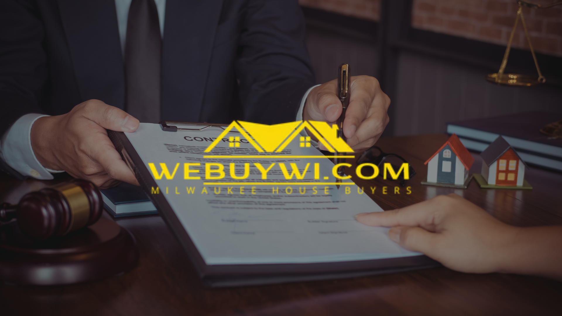 Person signing document, with gavel, scale, miniature houses, and