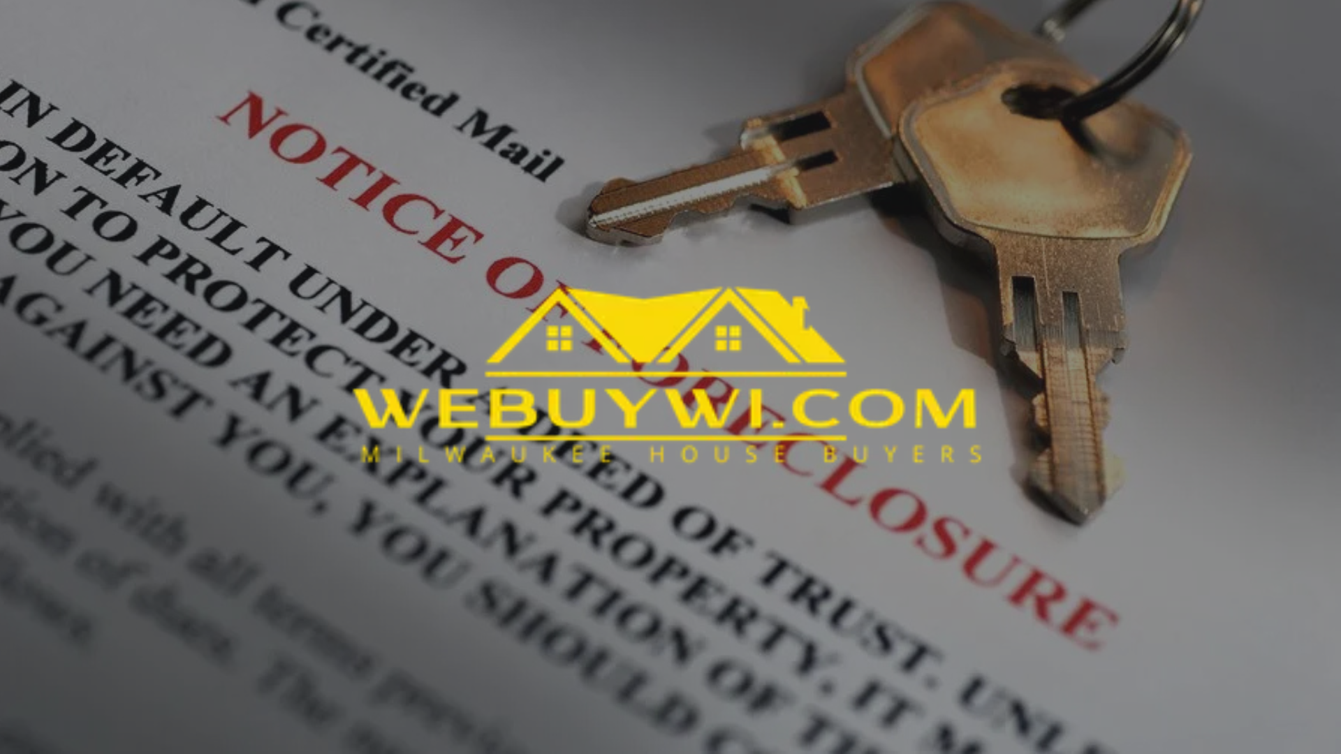 Keys resting on a notice of foreclosure in greenfield wi. The notice is partially legible, and a house-shaped logo with 