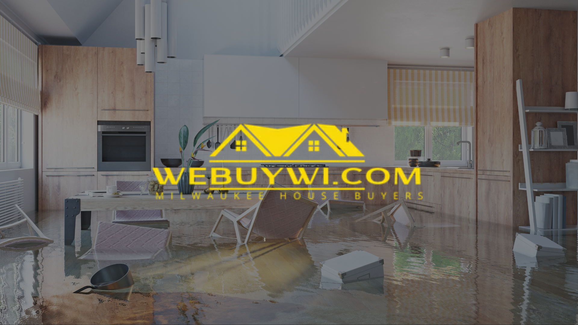 Interior flooded kitchen with furniture and WeBuyWI.com logo overlay.