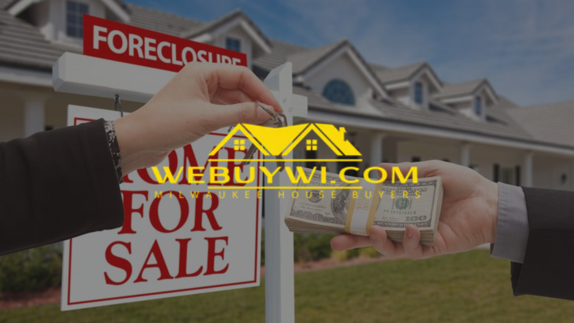 Hands exchanging money and keys in front of a house with a 
