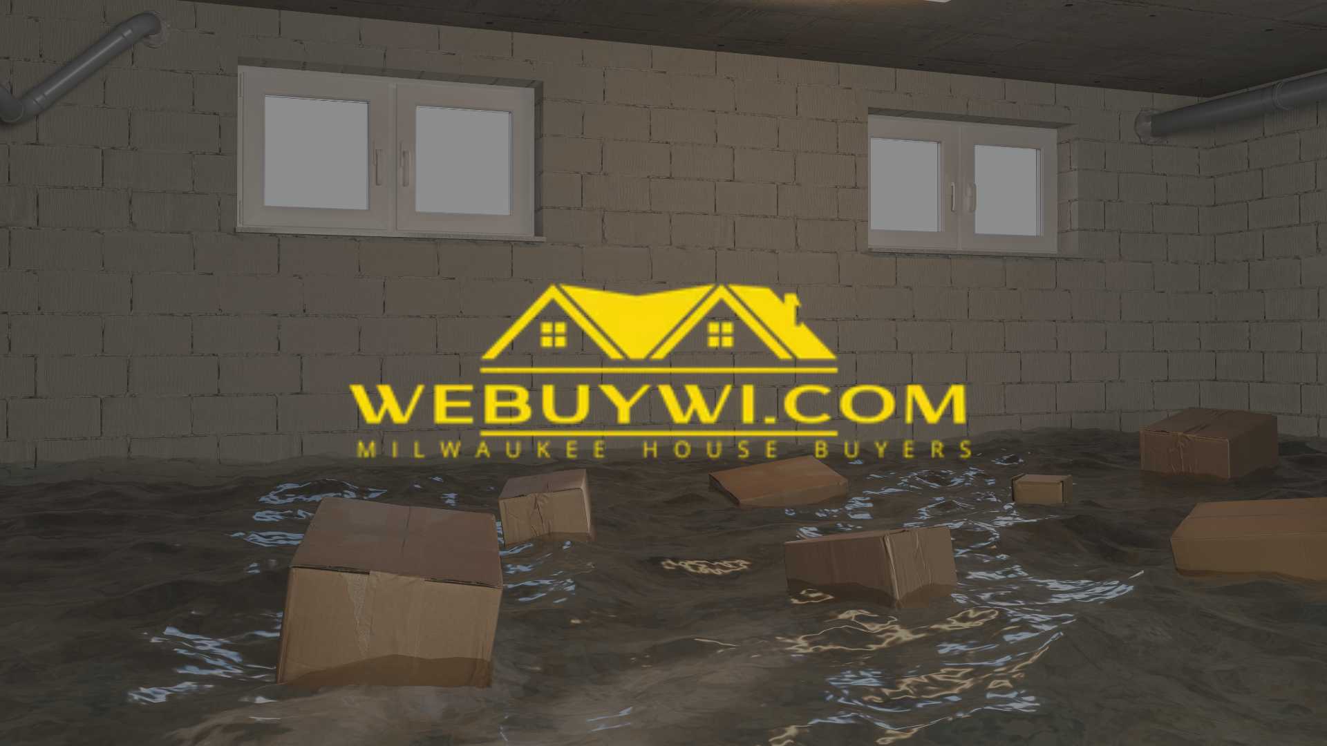 Flooded basement with boxes floating in water, a logo for