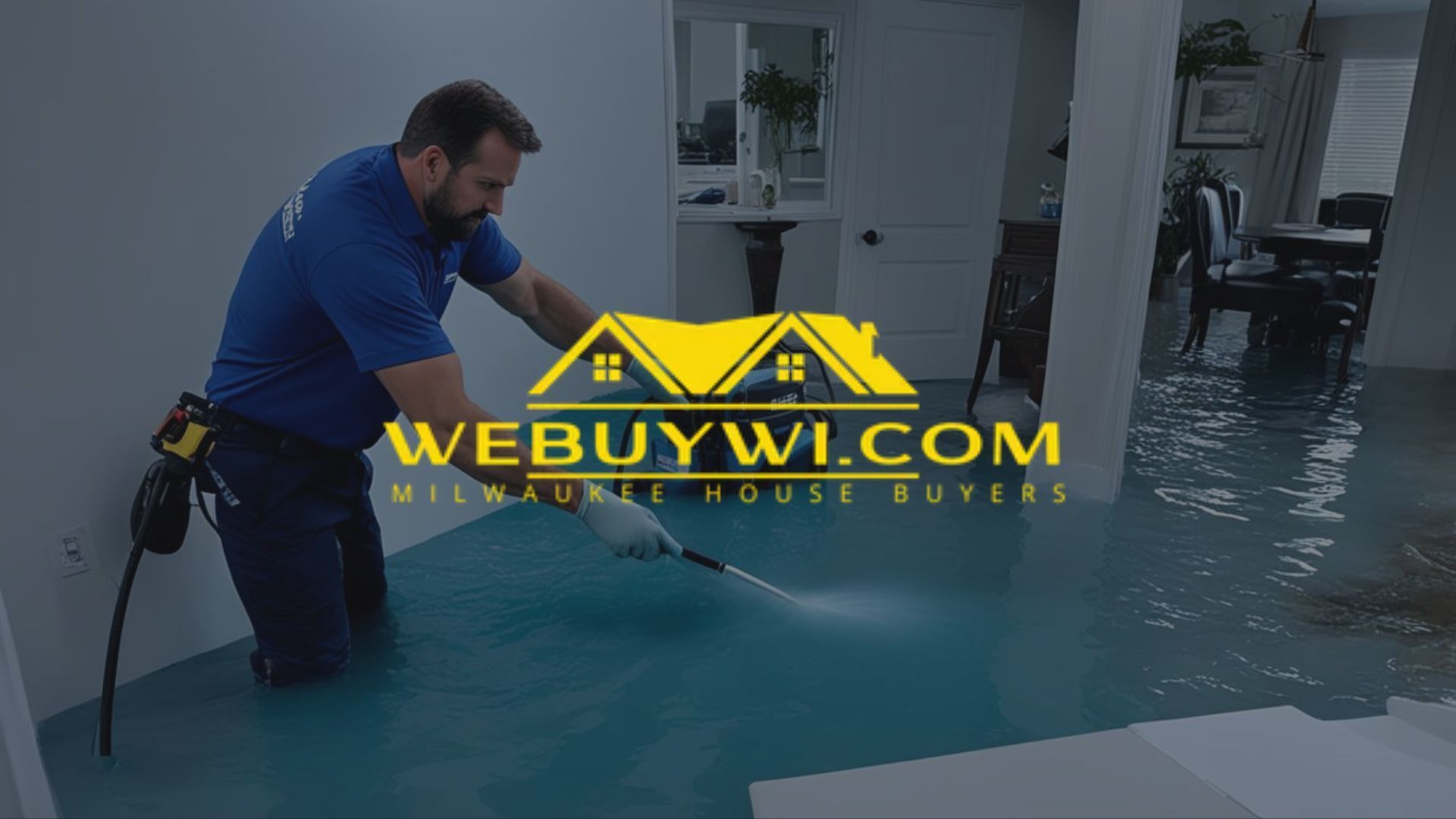Man spraying water in flooded room; WeBuyWI.com logo.