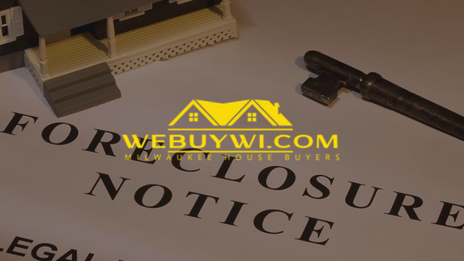 Foreclosure notice document with a house model and gavel, likely for a real estate website webuywi.com