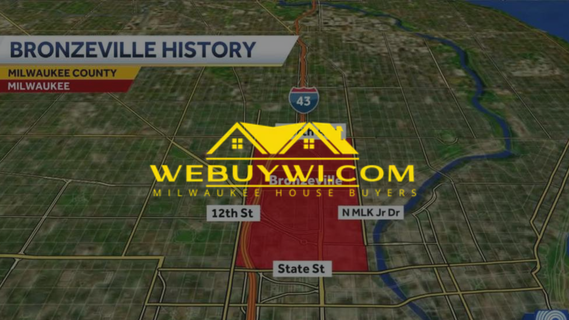 Map of Bronzeville in Milwaukee, WI, highlighted in red, with key streets and 