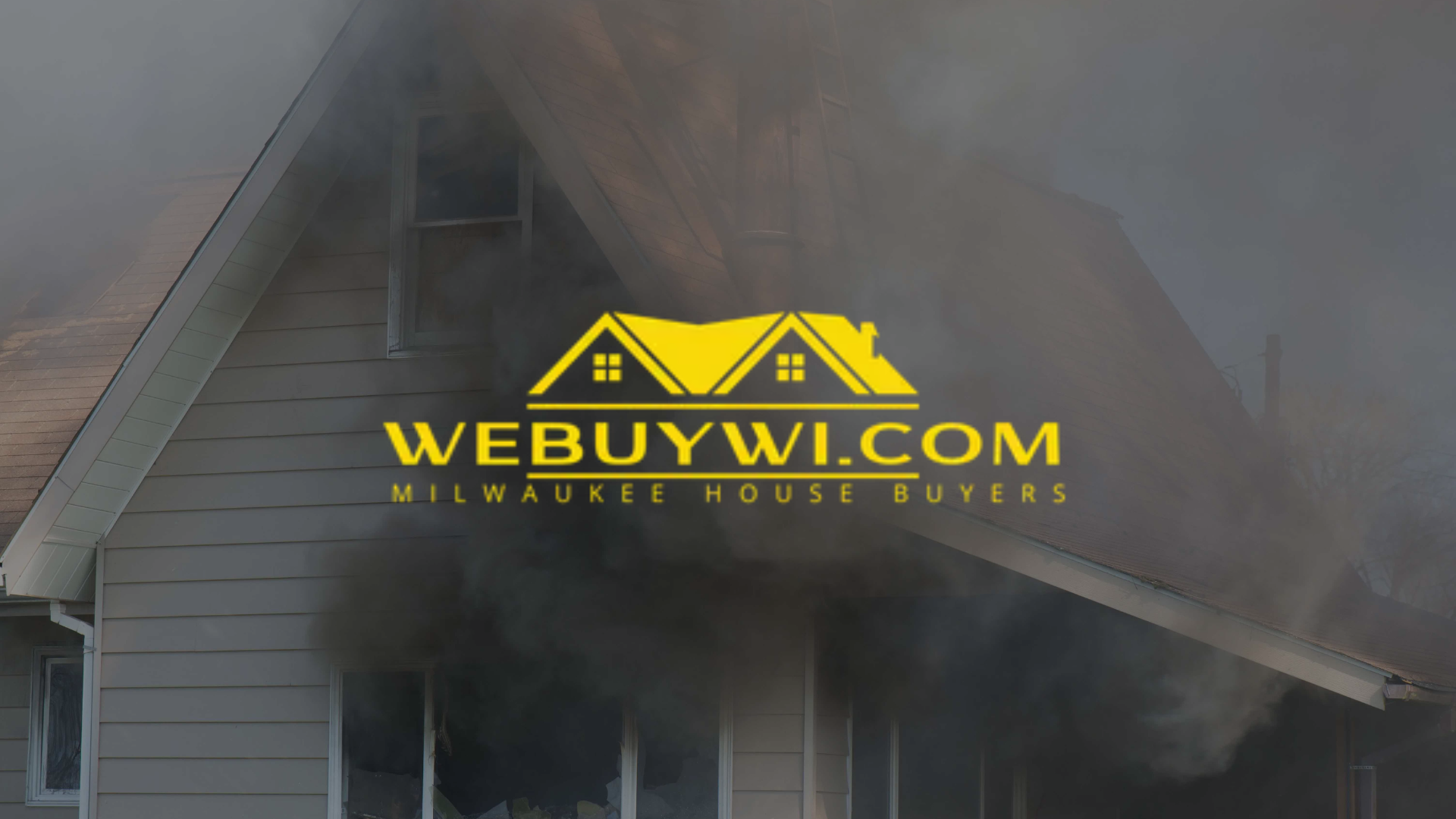 A house engulfed in smoke with the logo 