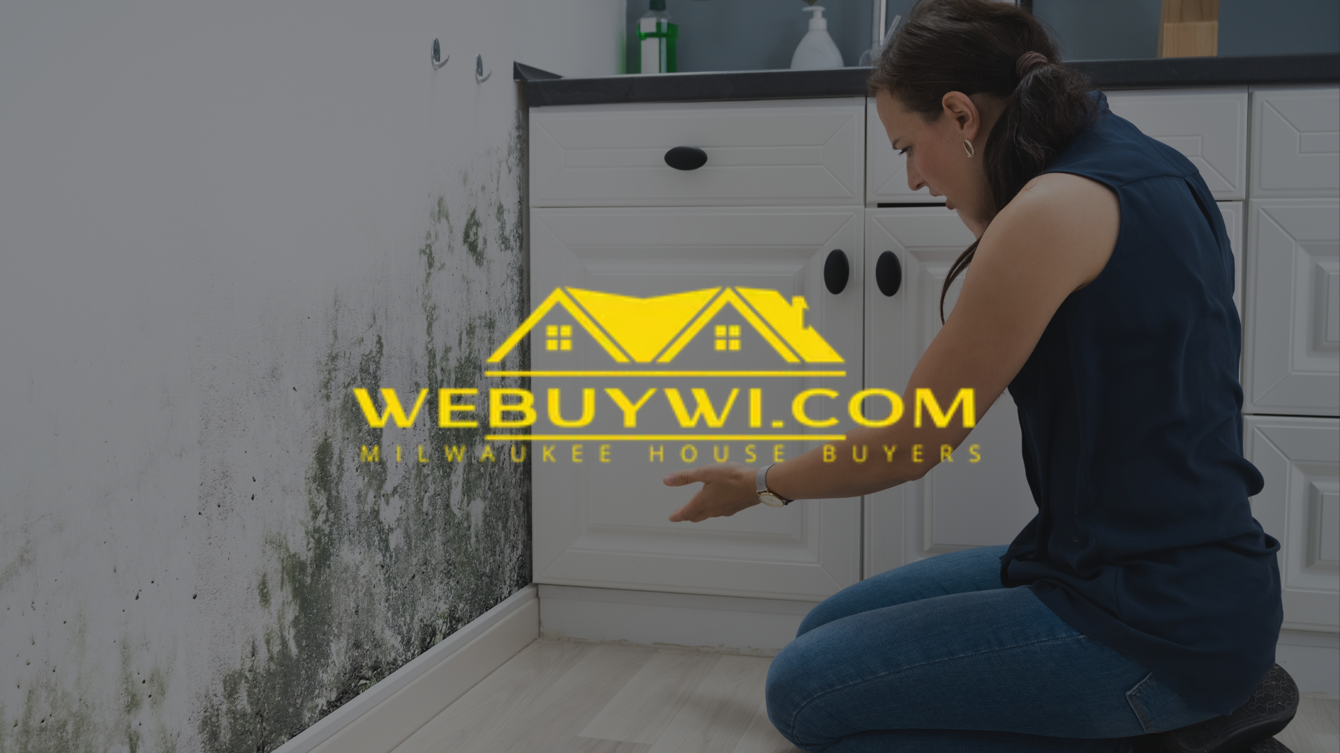 Woman kneels, looking at mold on a wall in a kitchen. The wall is discolored with black and green mold. Text