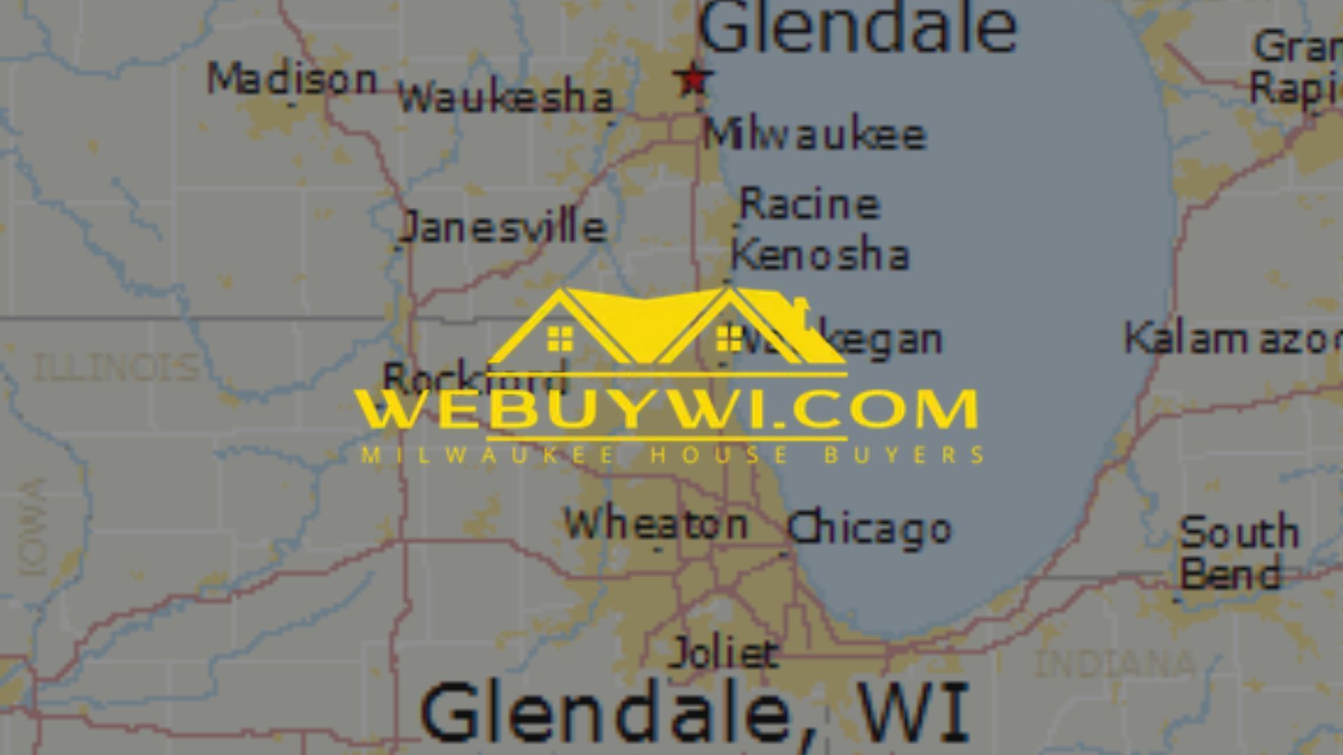 Map of Wisconsin and Illinois with Glendale, Milwaukee, and Chicago highlighted; a WeBuyWI logo is superimposed.