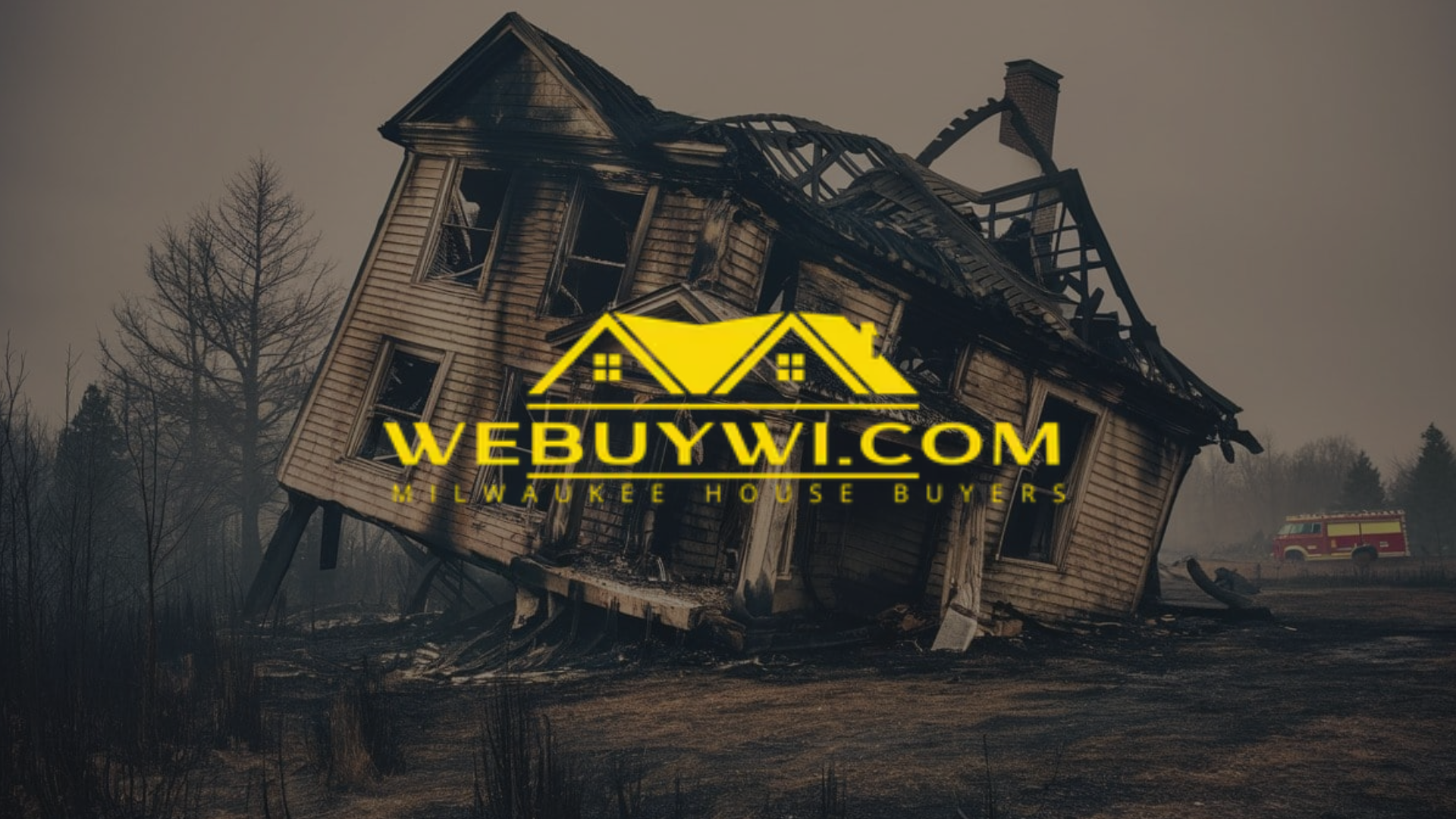 A severely damaged house, possibly after a fire. The website WeBuyWI.com logo is overlaid on the image.