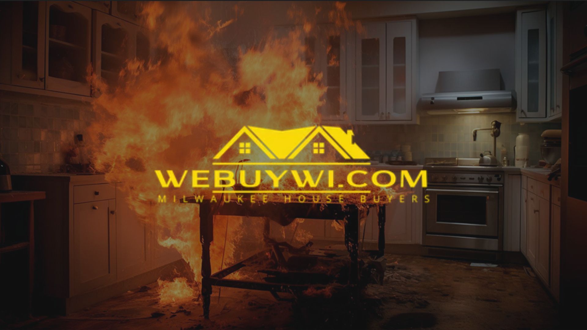 Kitchen engulfed in flames, WeBuyWI.com logo superimposed.