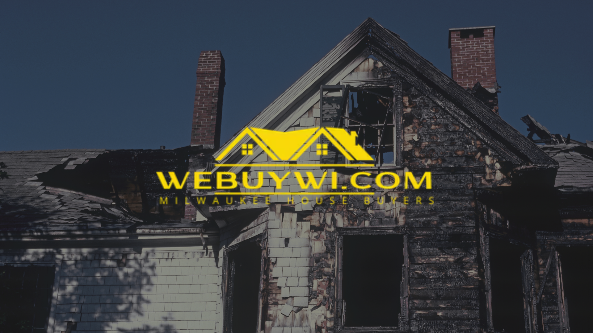 Old dilapidated house with peeling paint. Website logo: WeBuyWI.com