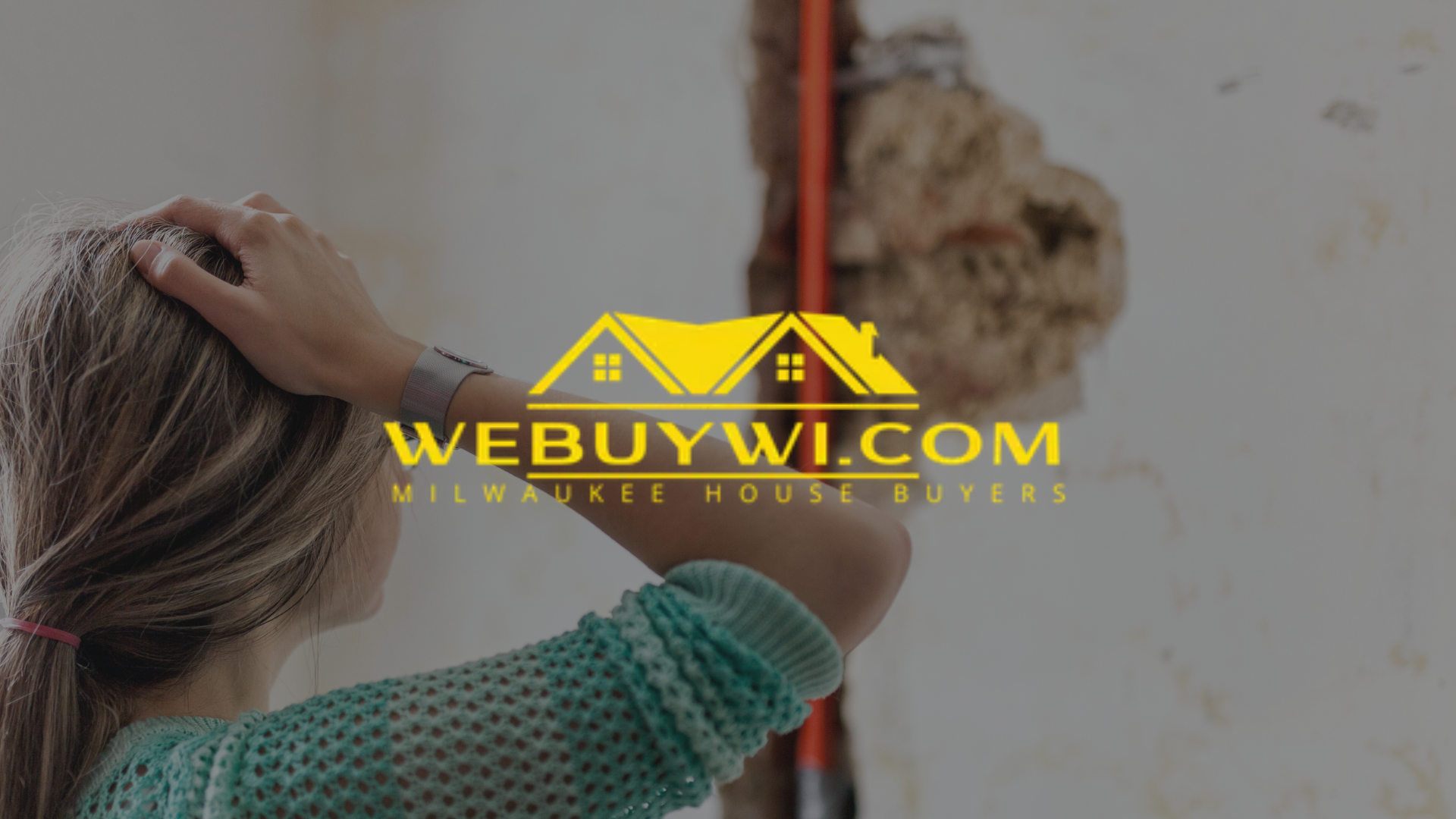 A woman is holding her hair in front of a sign that says webuywi.com. symbolizing water damage in waukesha with webuywi.com logo overlaid on top