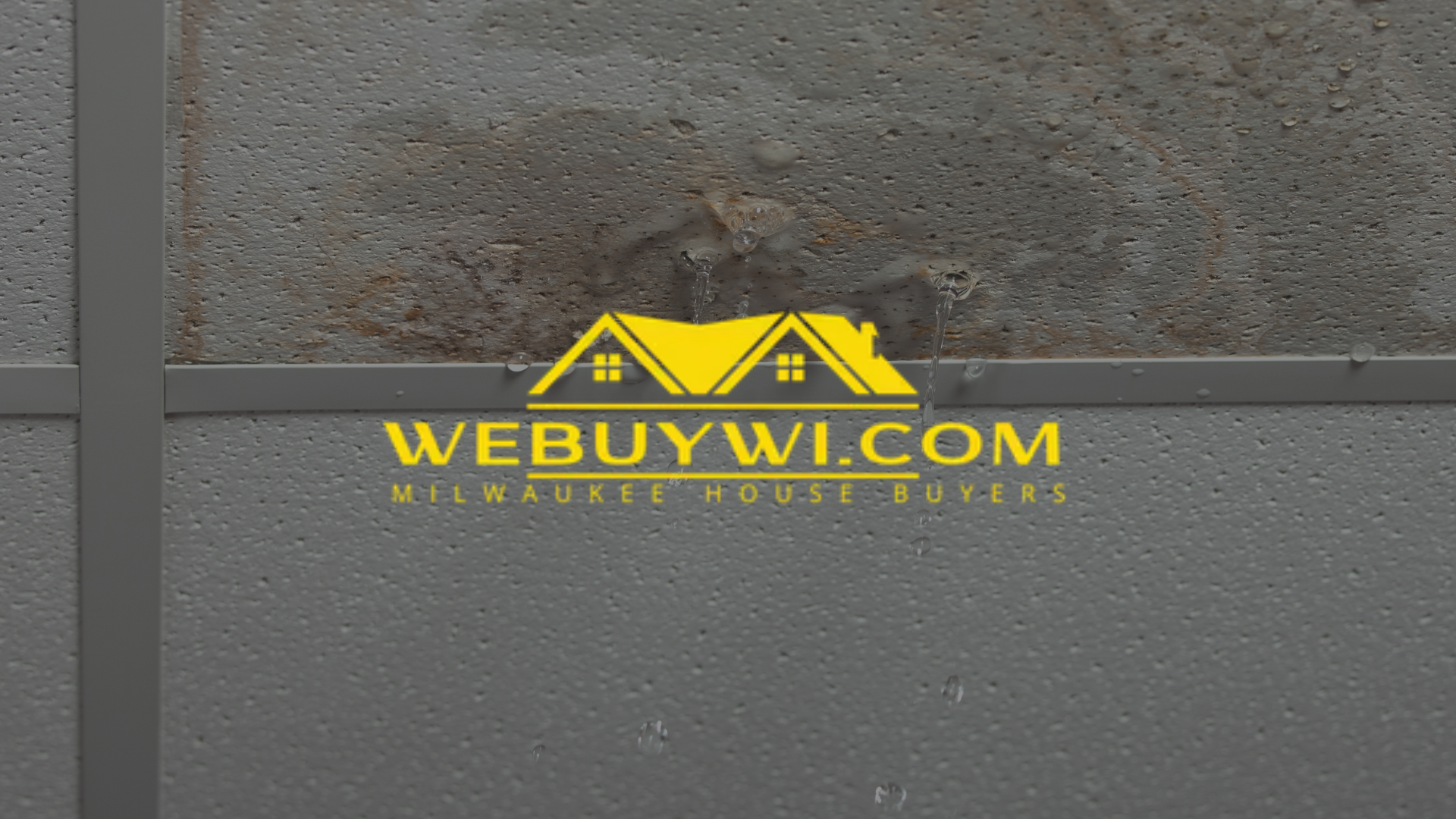 A close up of a concrete wall with a webuywi.com logo on it symbolizing water damage in waukesha with webuywi.com logo overlaid on top