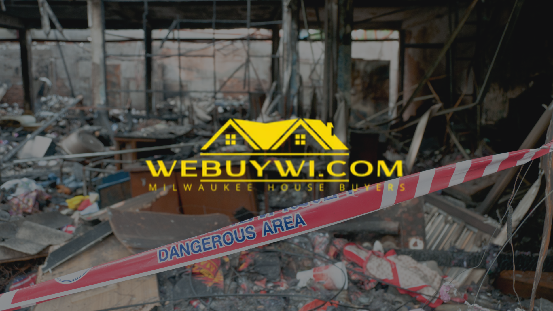 A fire-damaged building with debris and caution tape, logo for