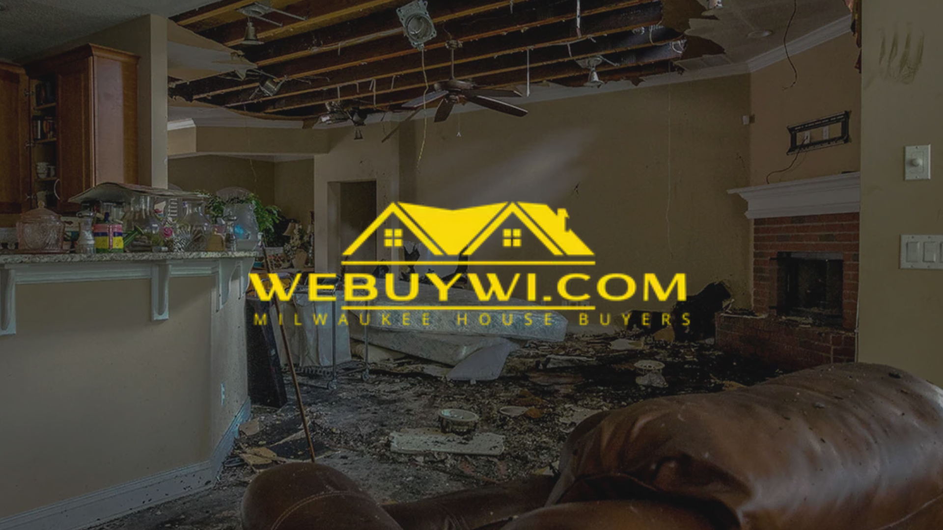 Damaged living room with ceiling collapse, debris, and text overlay for