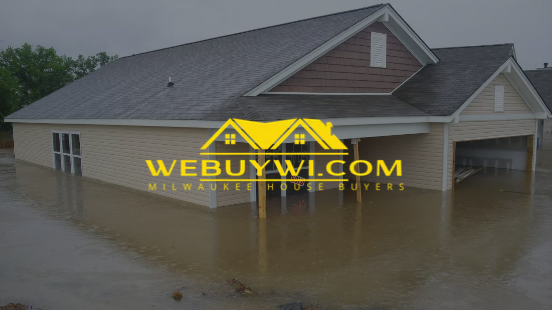 Flooded house, beige siding, brown roof, water up to windows, yellow logo 