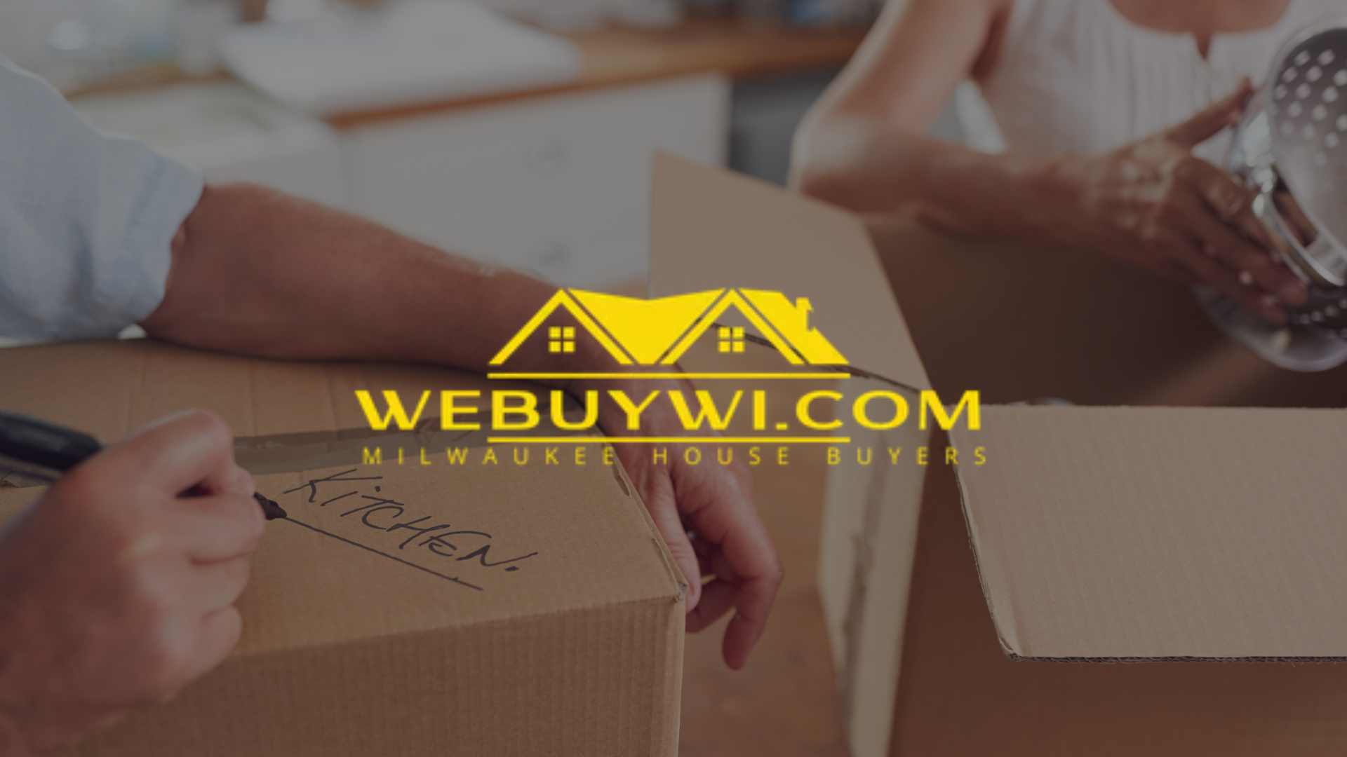 People packing boxes with a WeBuyWI logo overlayed.