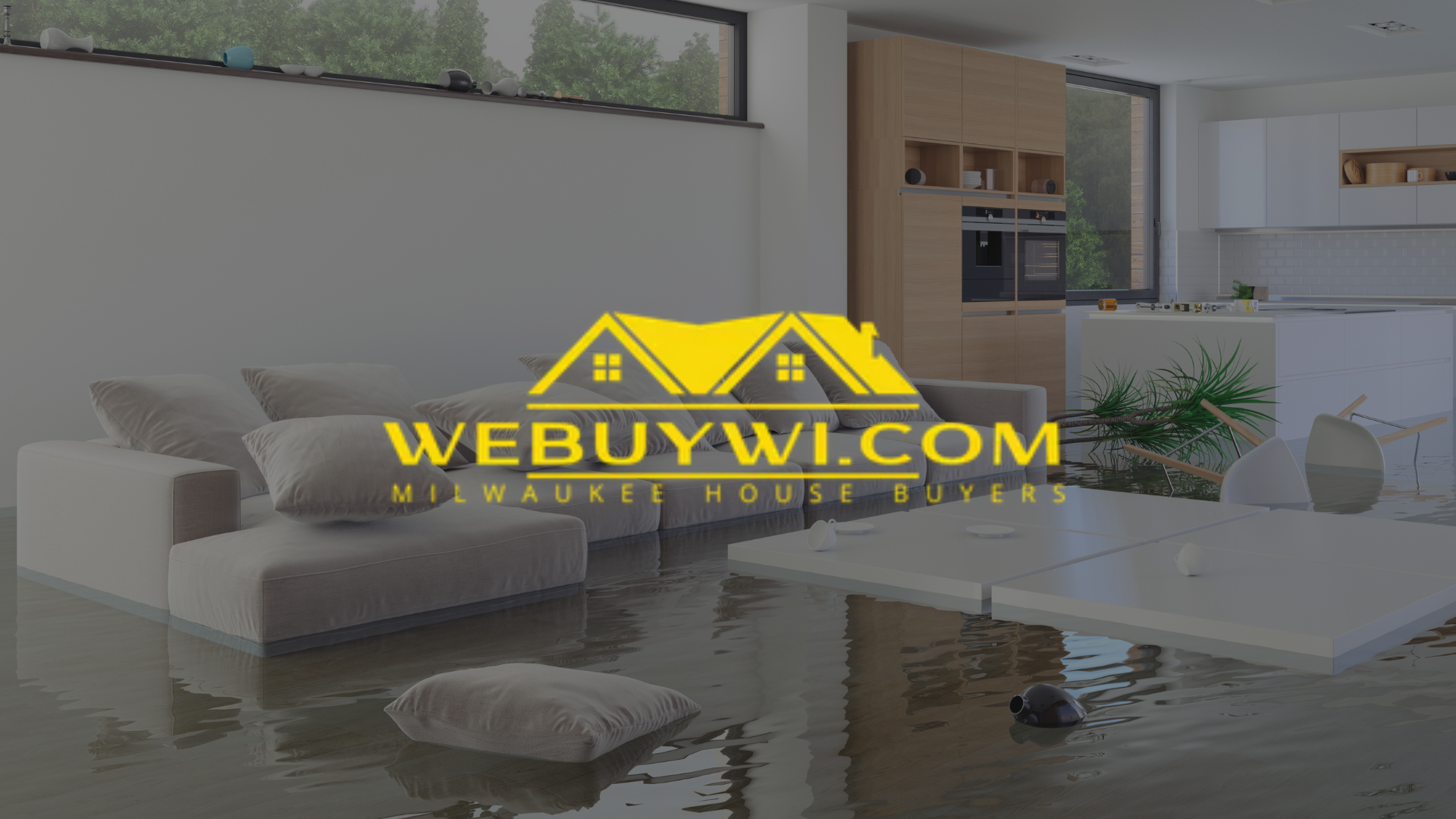 Flooded living room; a white couch and table are submerged in water. Website logo