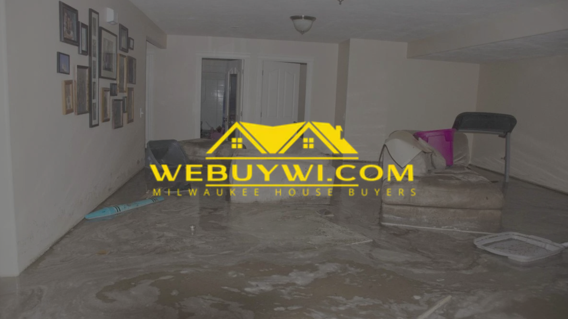 Flooded room with debris. Water damage evident. Furniture covered. Text:
