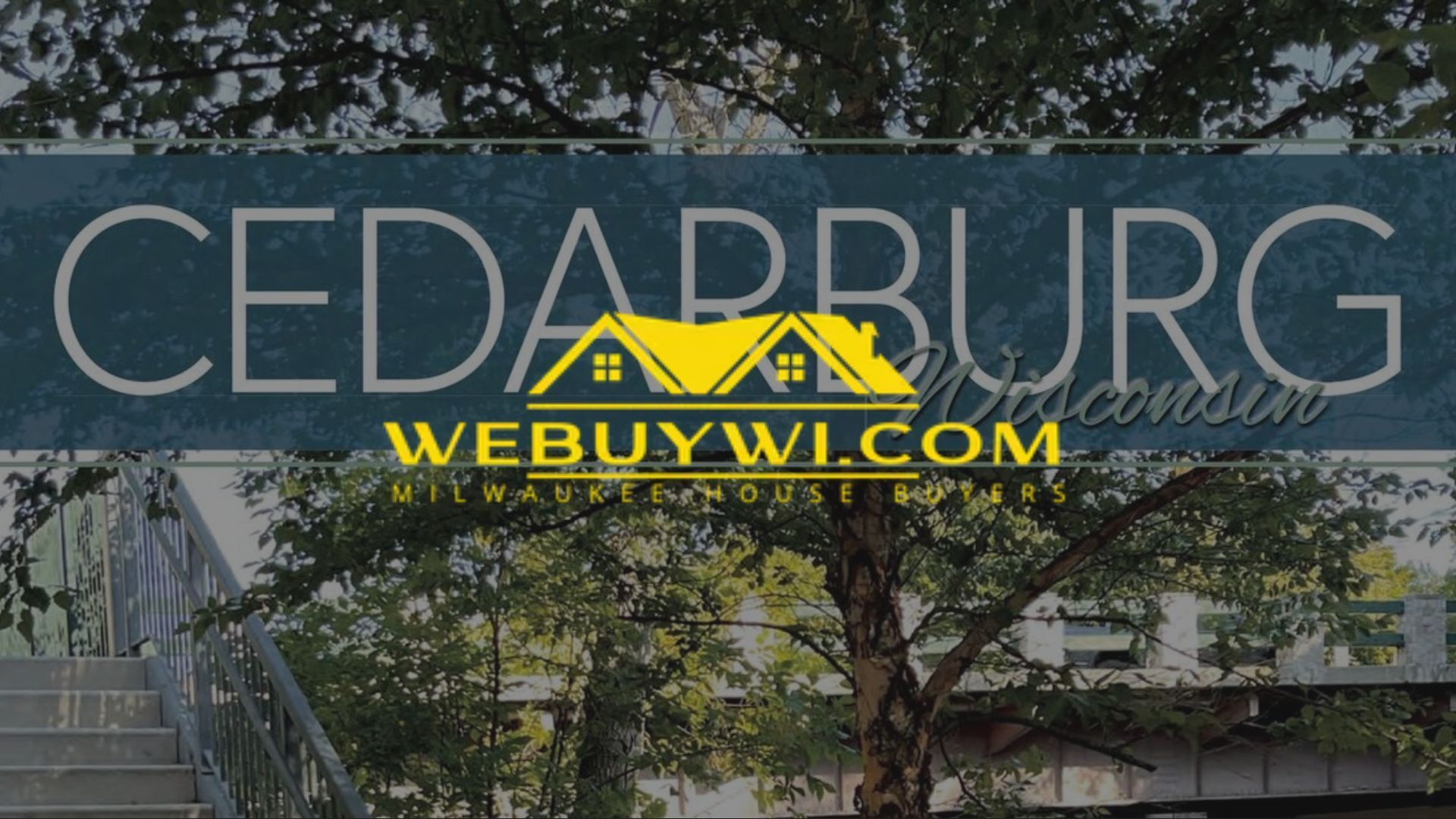 Cedarburg, Wisconsin sign with a website address and a house logo overlayed with trees and a staircase.