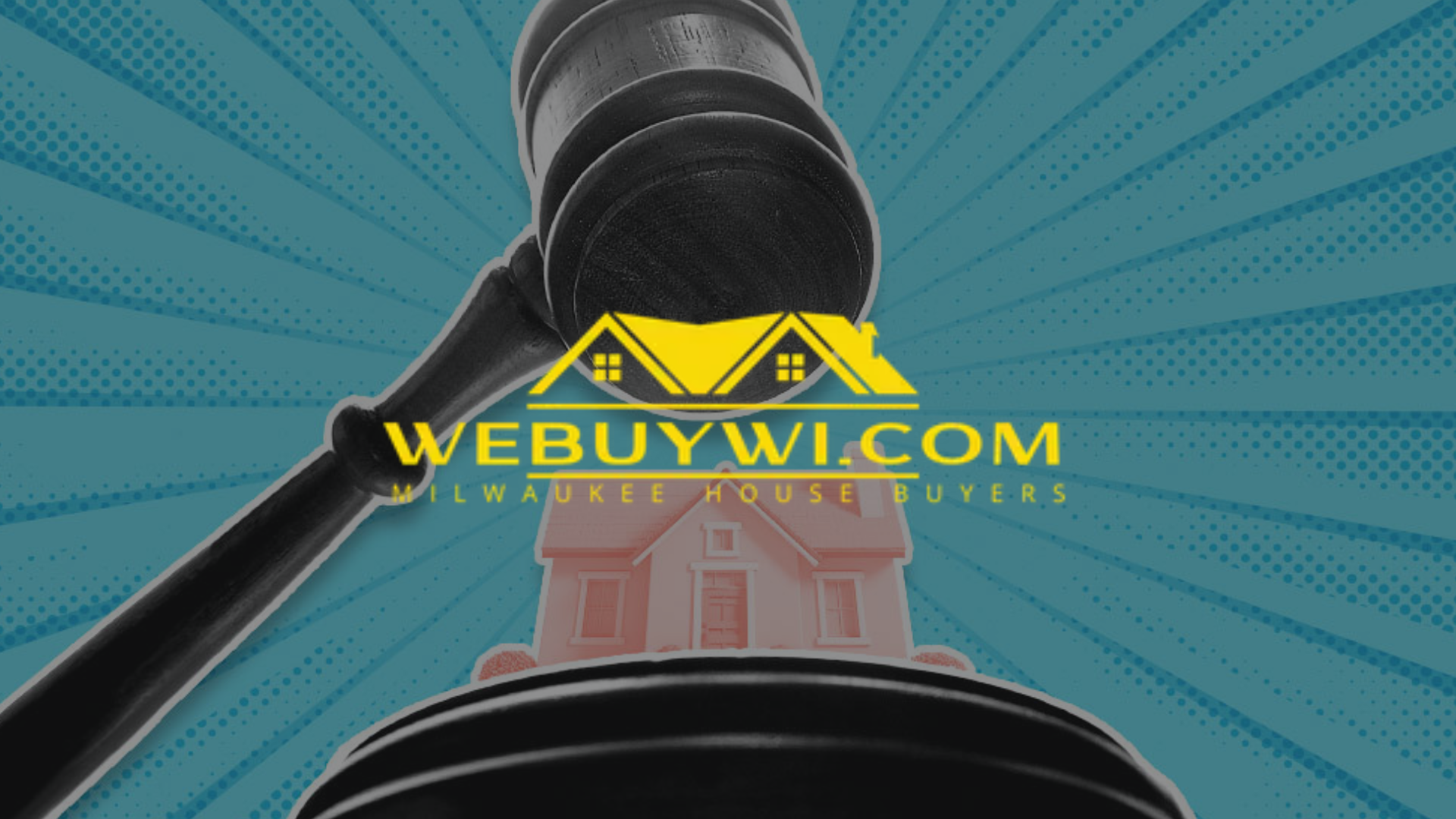 A gavel striking a miniature house, the logo of