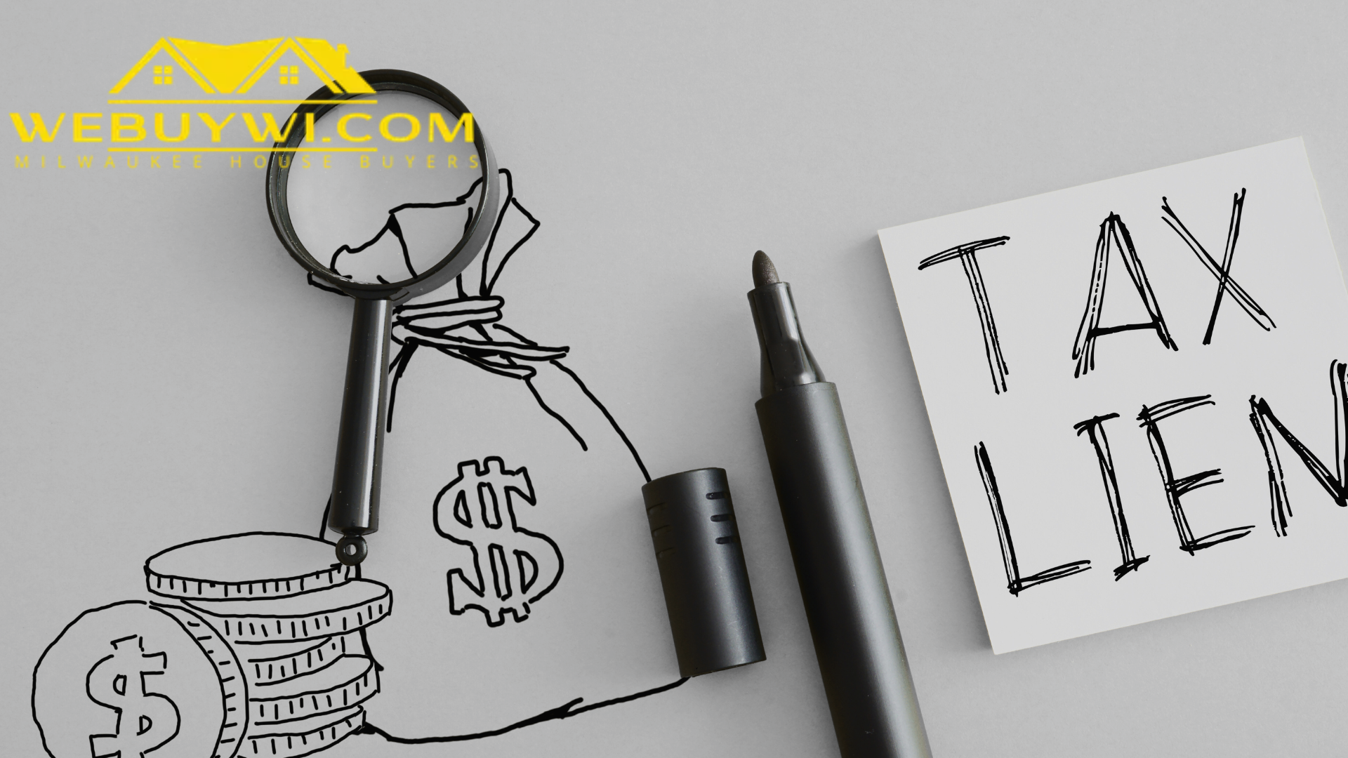 A drawing of a bag of money next to a note that says tax lien