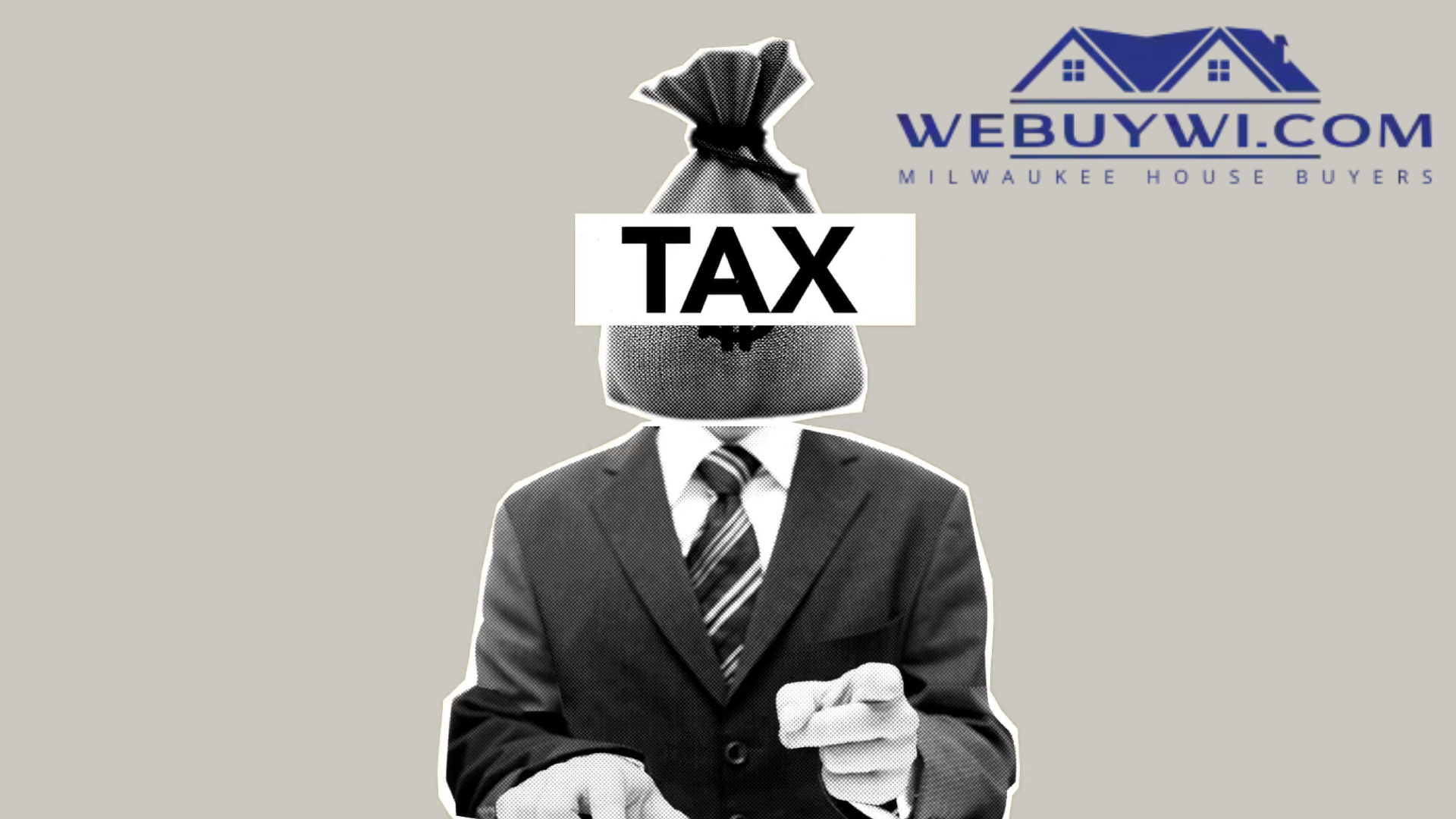 A man in a suit has a bag on his head that says tax
