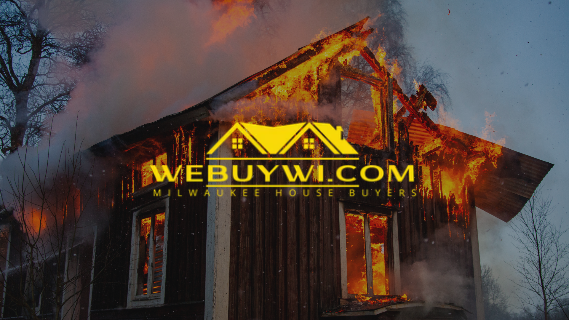a house on fire with the webuywi house logo on top