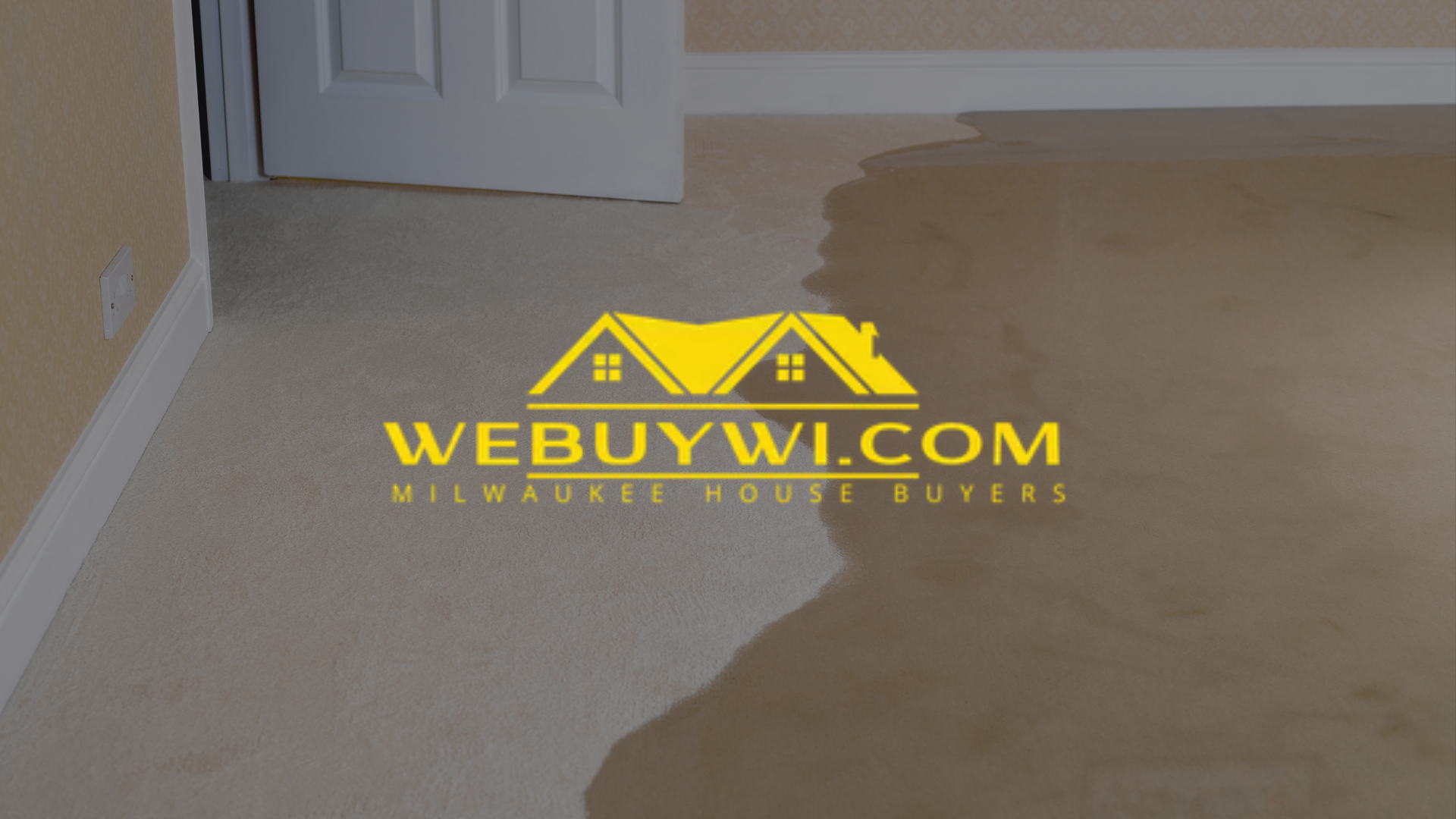 Carpeted room with water damage; WeBuyWI.com logo overlaid on the floor.
