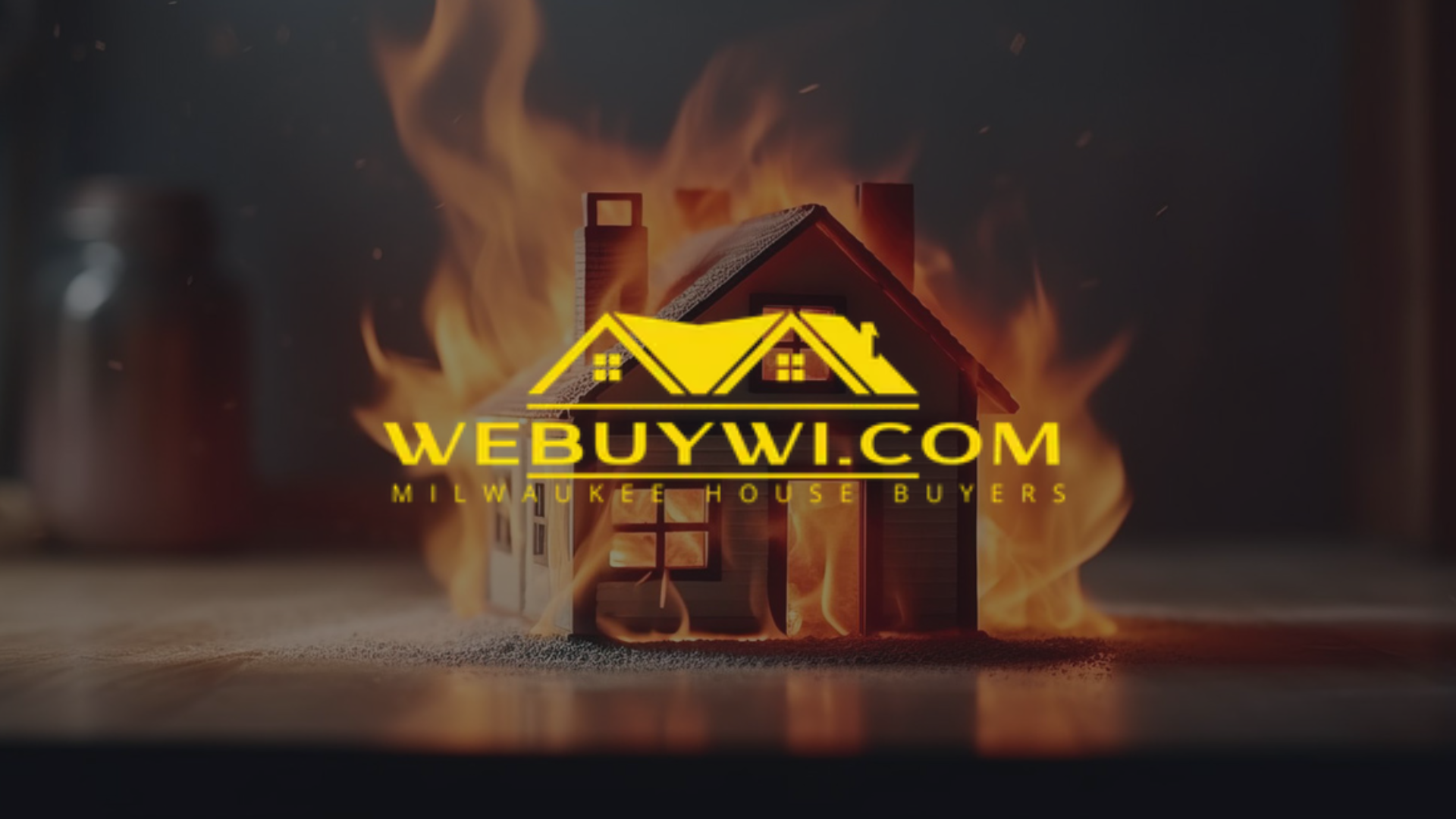 A small house engulfed in flames with the website 