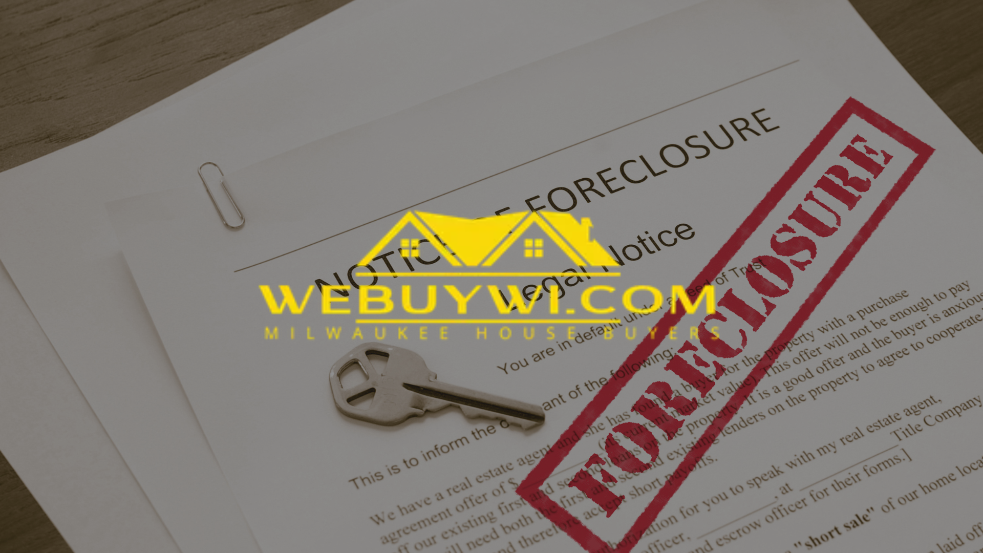 A foreclosure notice with a key on top of it