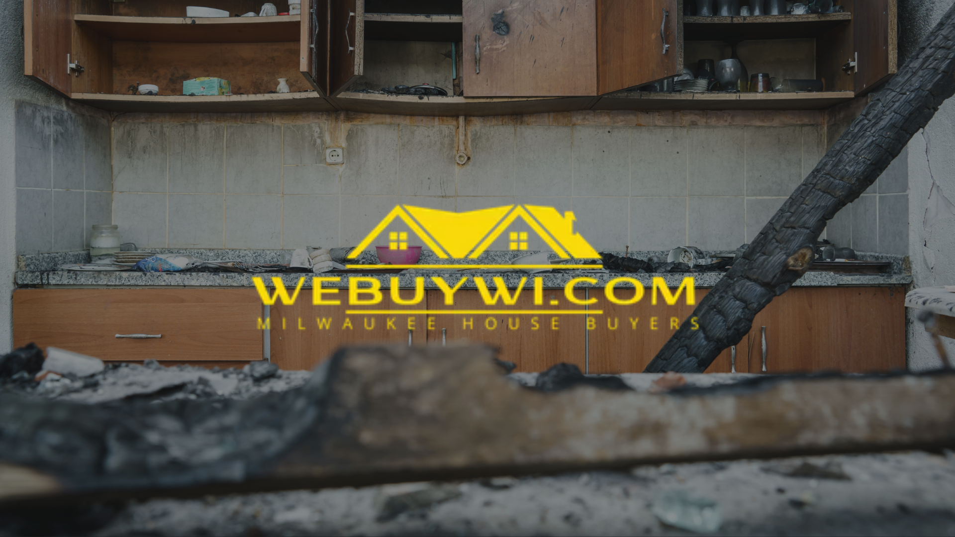 A kitchen with a yellow logo for webuywi.com.