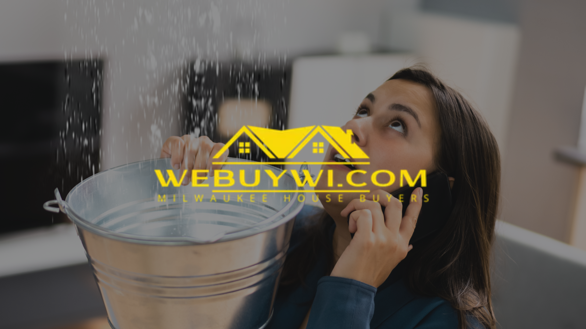 Woman on the phone, holding a bucket to catch water leaking from the ceiling. A logo for webuywi.com is overlaid.