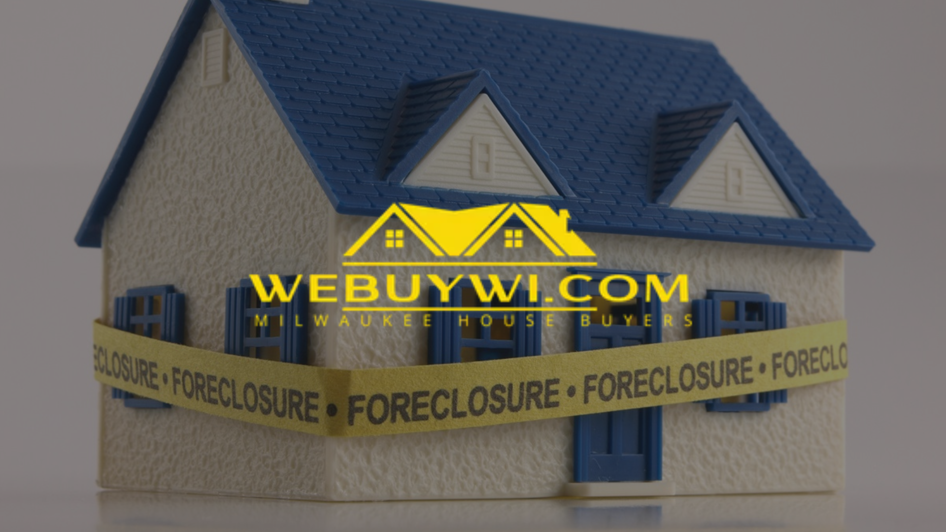 A model house is surrounded by tape that says foreclosure with webuywi.com logo on top