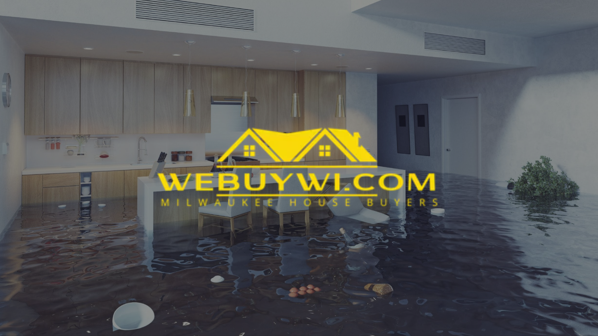 Flooded greenfield wi house kitchen with water damage. A golden logo reading 