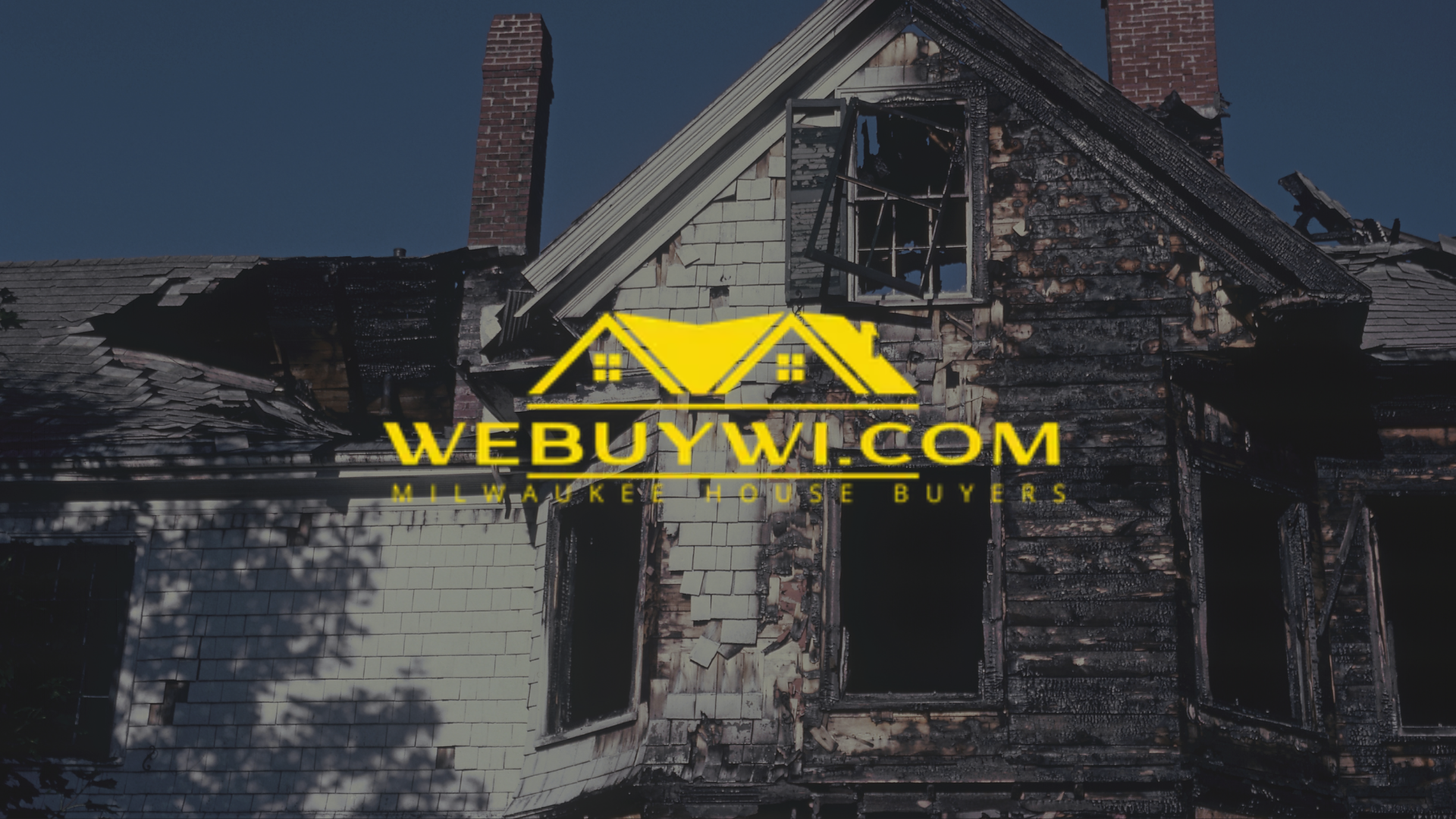 An old abandoned house with the website webuywi.com in the background