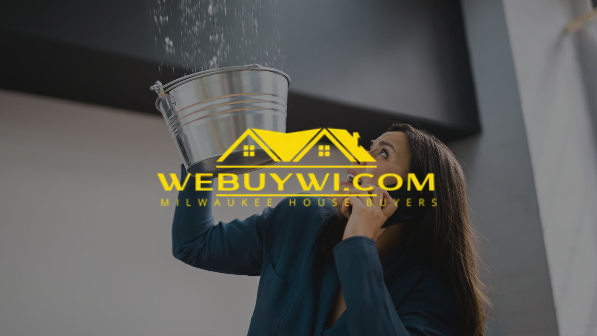 A woman is holding a bucket of water over her head symbolizing water damage with webuywi.com logo on top
