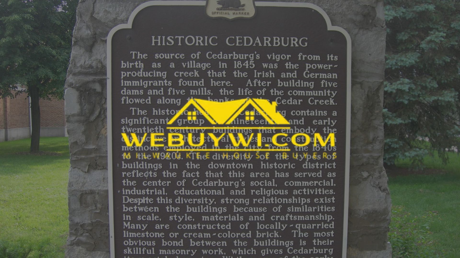 Historical marker in Cedarburg, Wisconsin, detailing the town's origins.
