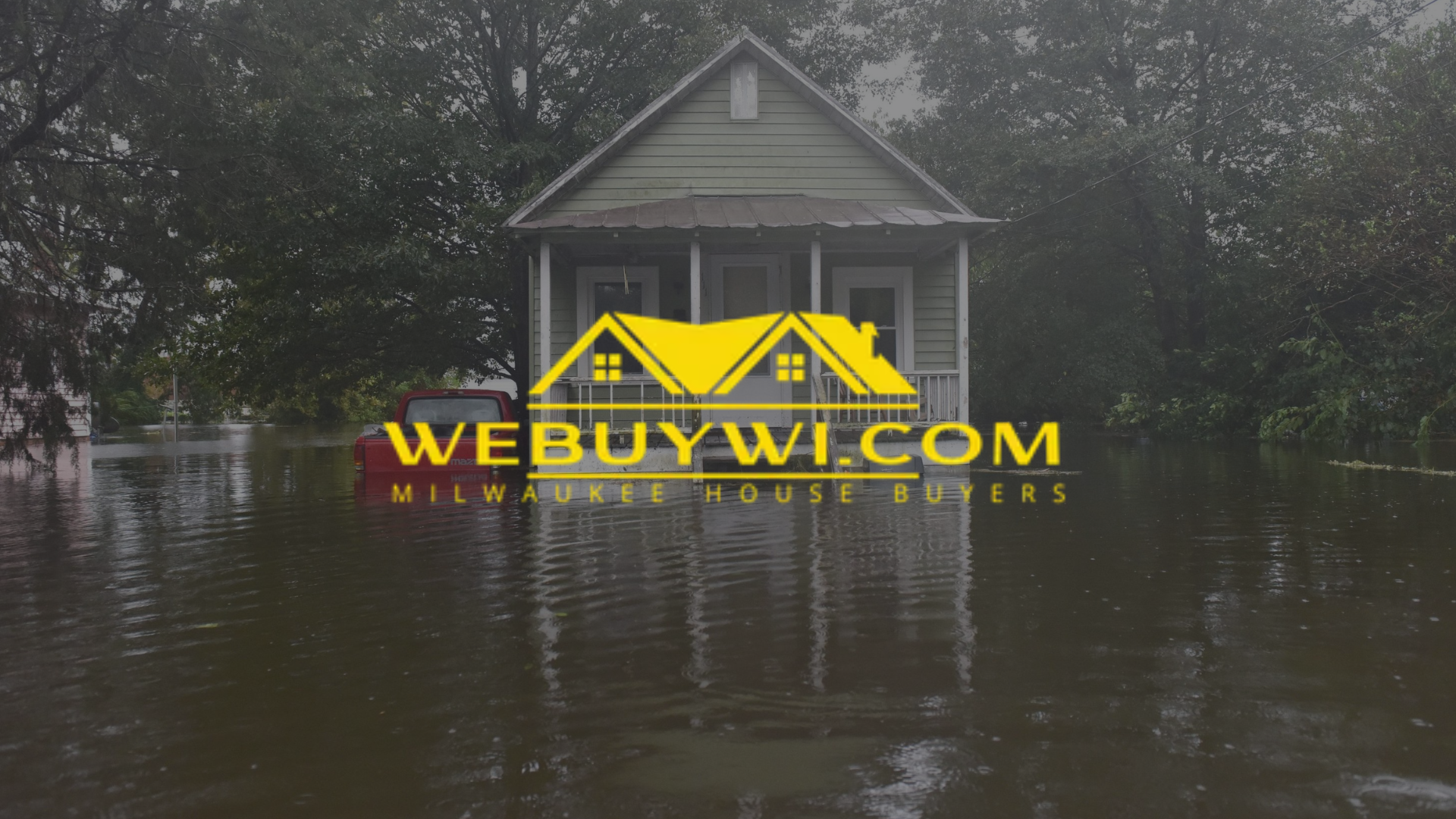 Small house and car submerged in floodwaters; logo 